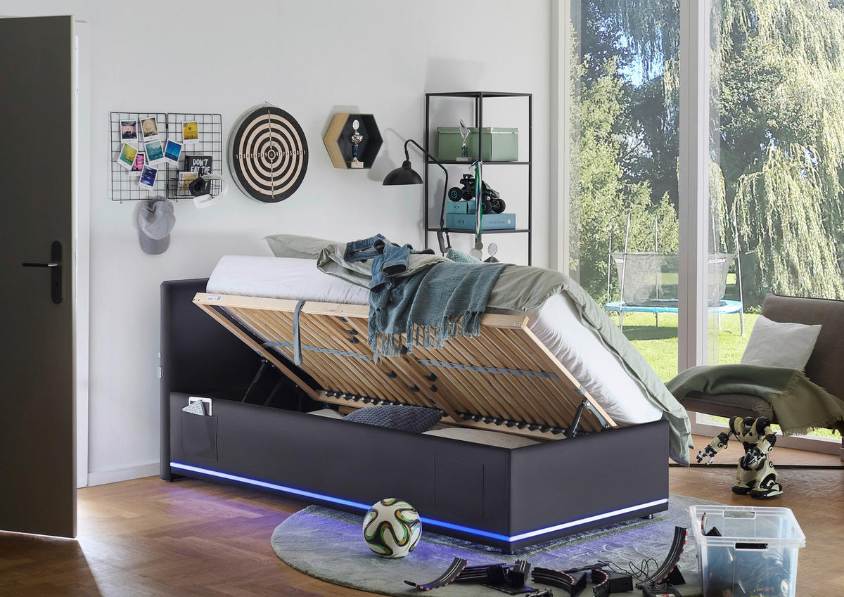 POLSTERBETT 90/200 cm,  in Schwarz, Beleuchtung, Lattenrost, Bettkasten,  - Birkefarben/Buchefarben, Design, Holz/Kunststoff (90/200cm) - Xora