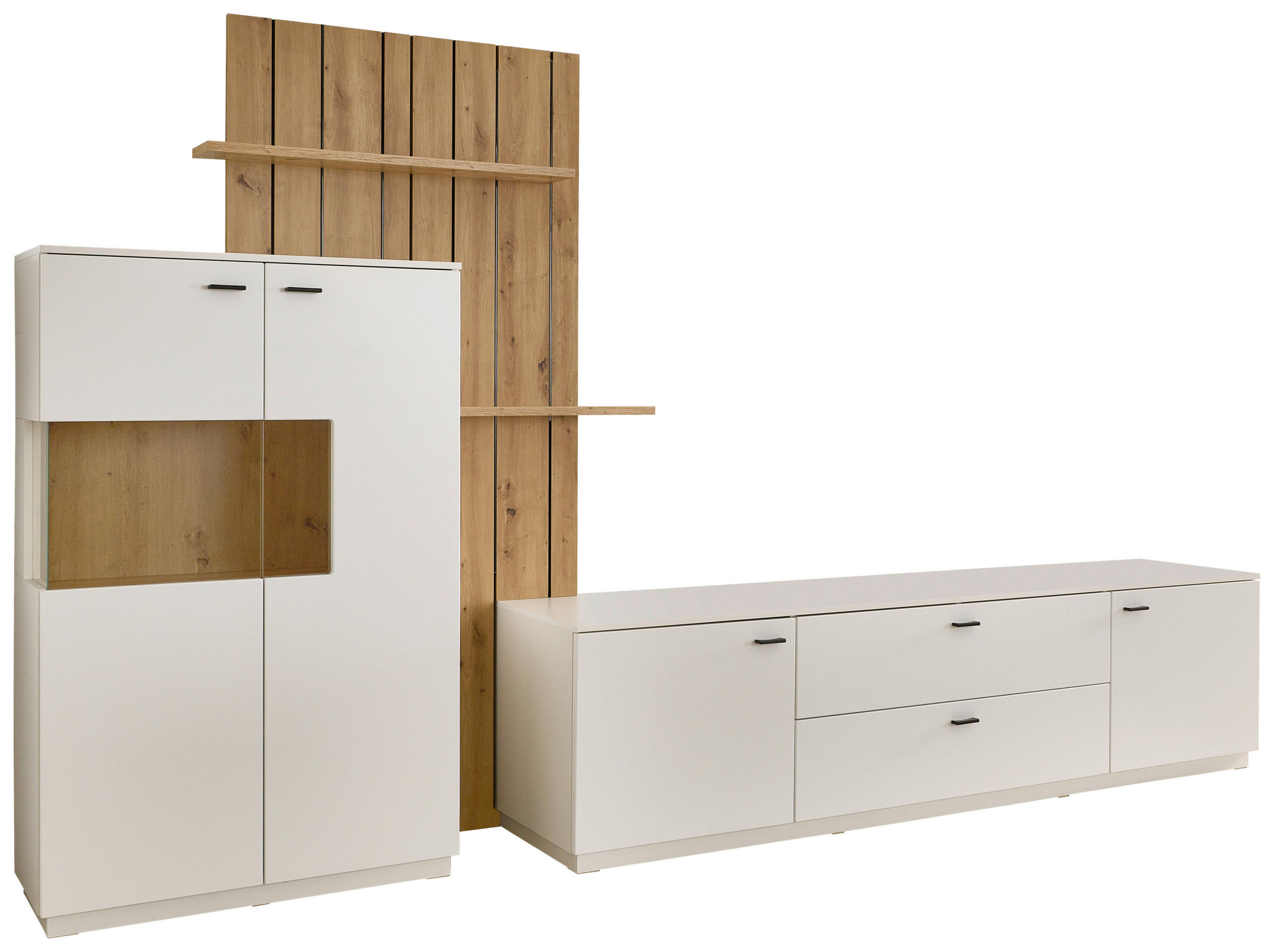 WOHNWAND  Weiss, Eiche Artisan 338/199/50 cm  - Weiss/Schwarz, Design, Glas/Holzwerkstoff (338/199/50cm) - Stylife