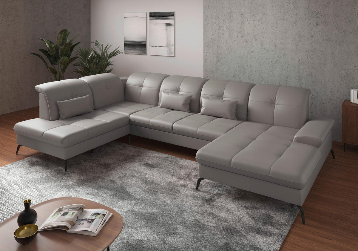 WOHNLANDSCHAFT in Vliesstoff Kombination Echtleder/Stoff Hellgrau  - Hellgrau/Schwarz, KONVENTIONELL, Leder/Textil (231/357/185cm) - Sit & More
