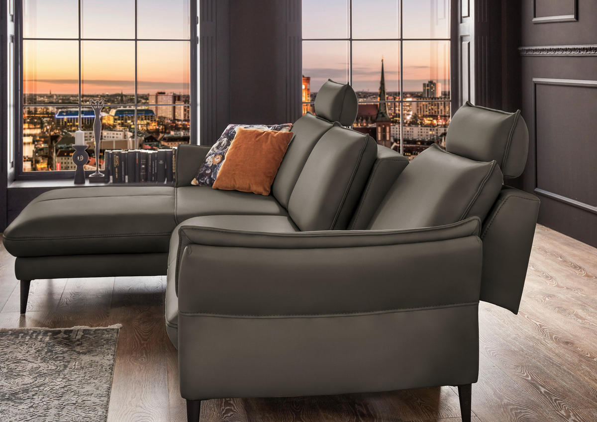ECKSOFA in Echtleder Graubraun  - Graubraun/Schwarz, Design, Leder/Metall (172/334cm) - Hukla