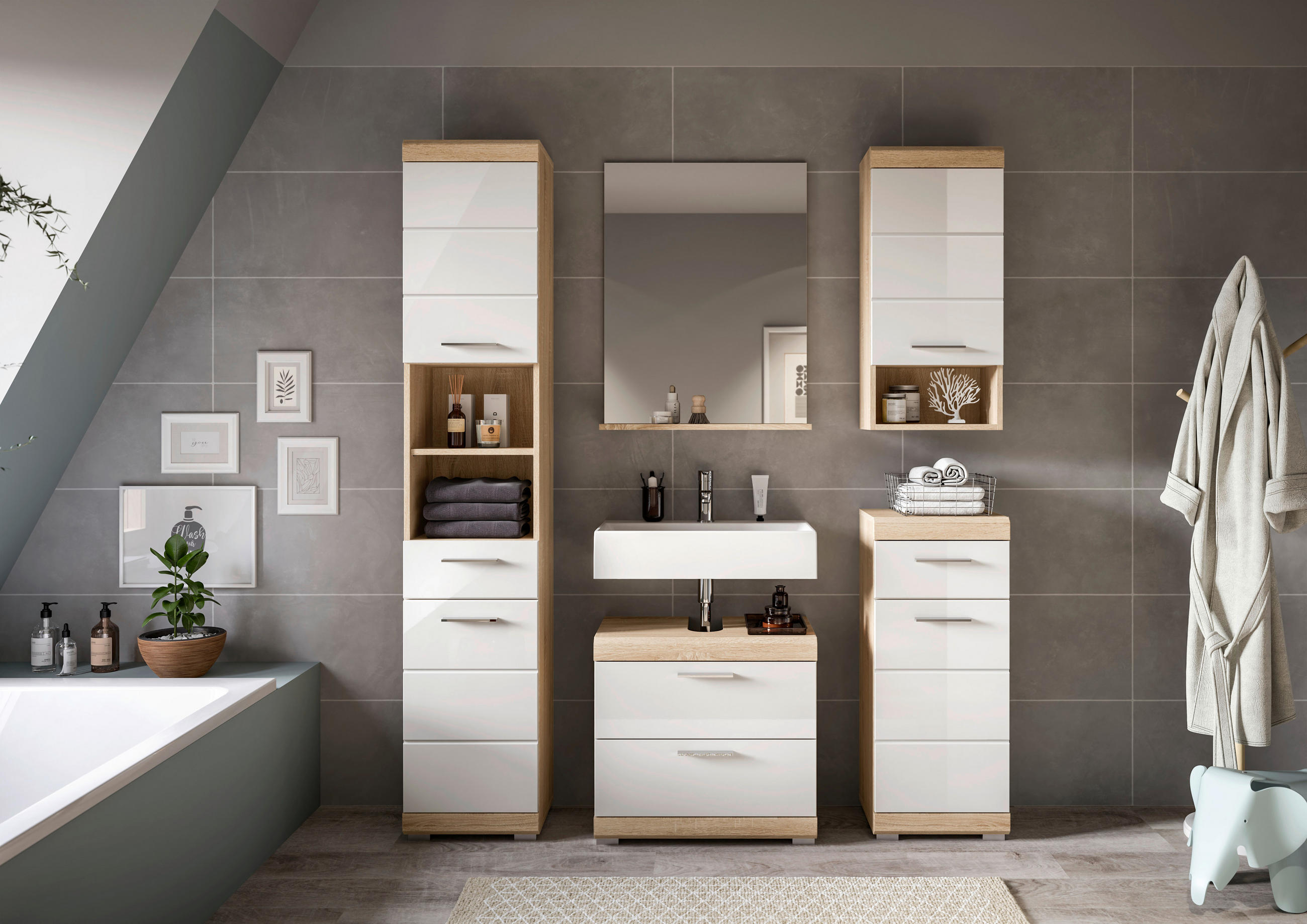 BADEZIMMER 5-teilig  in 134 cm  - Weiß Hochglanz/Silberfarben, MODERN, Glas/Holzwerkstoff (134cm) - MID.YOU
