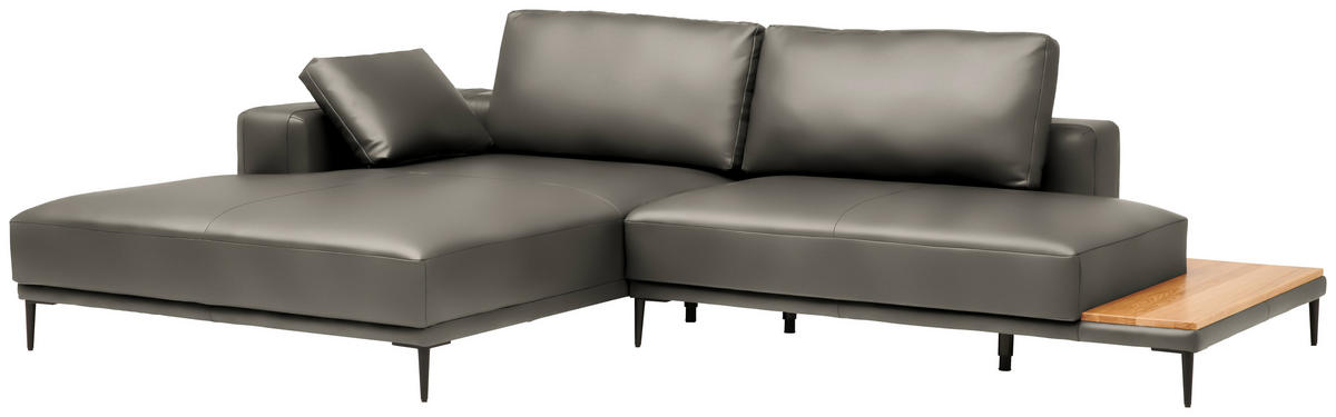 ECKSOFA Echtleder Grau  - Schwarz/Grau, Design, Leder/Metall (201/304cm) - Belluti