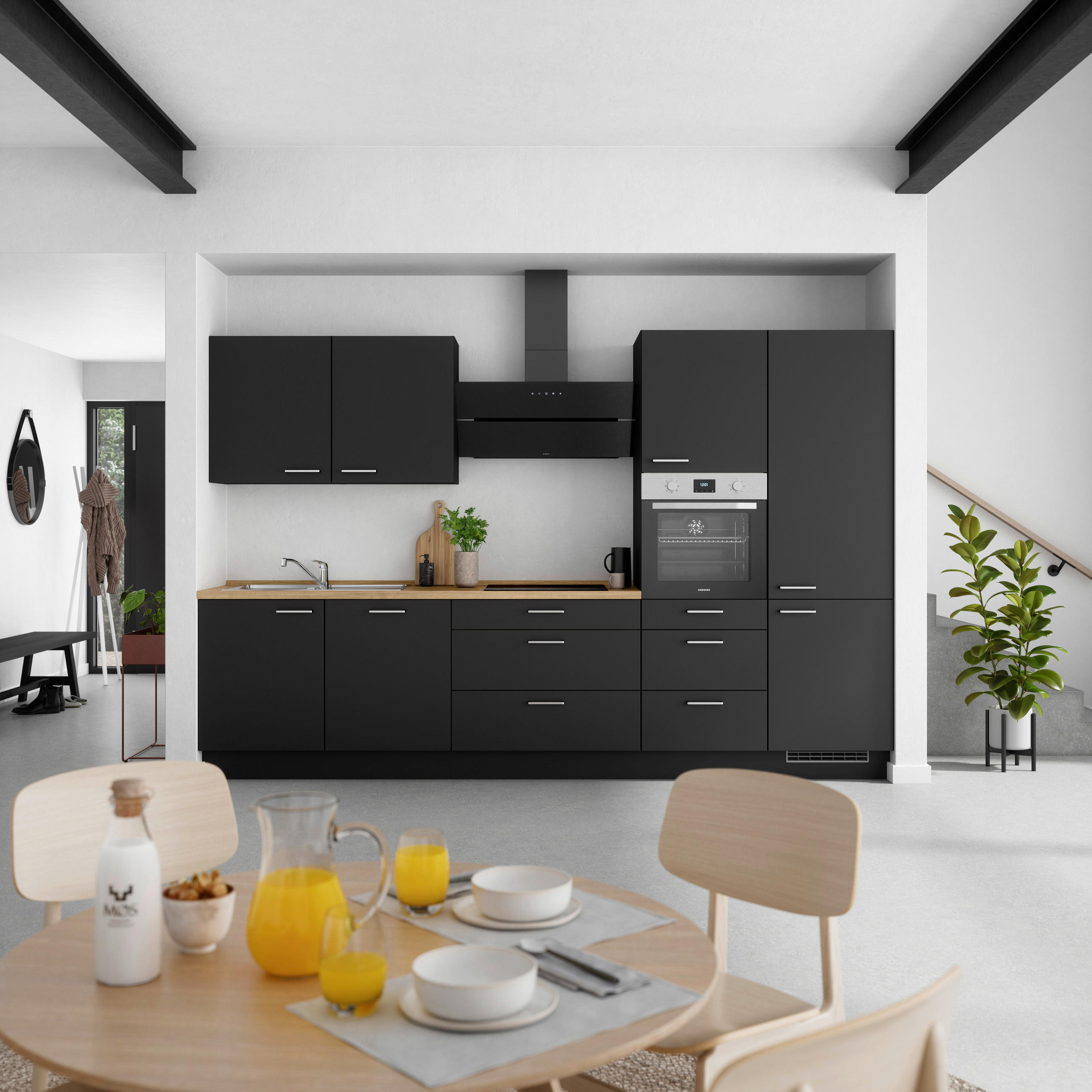 KÜCHENBLOCK 330 cm   in Schwarz, Eichefarben  - Edelstahlfarben/Eichefarben, MODERN, Holzwerkstoff/Metall (330cm) - Nobilia