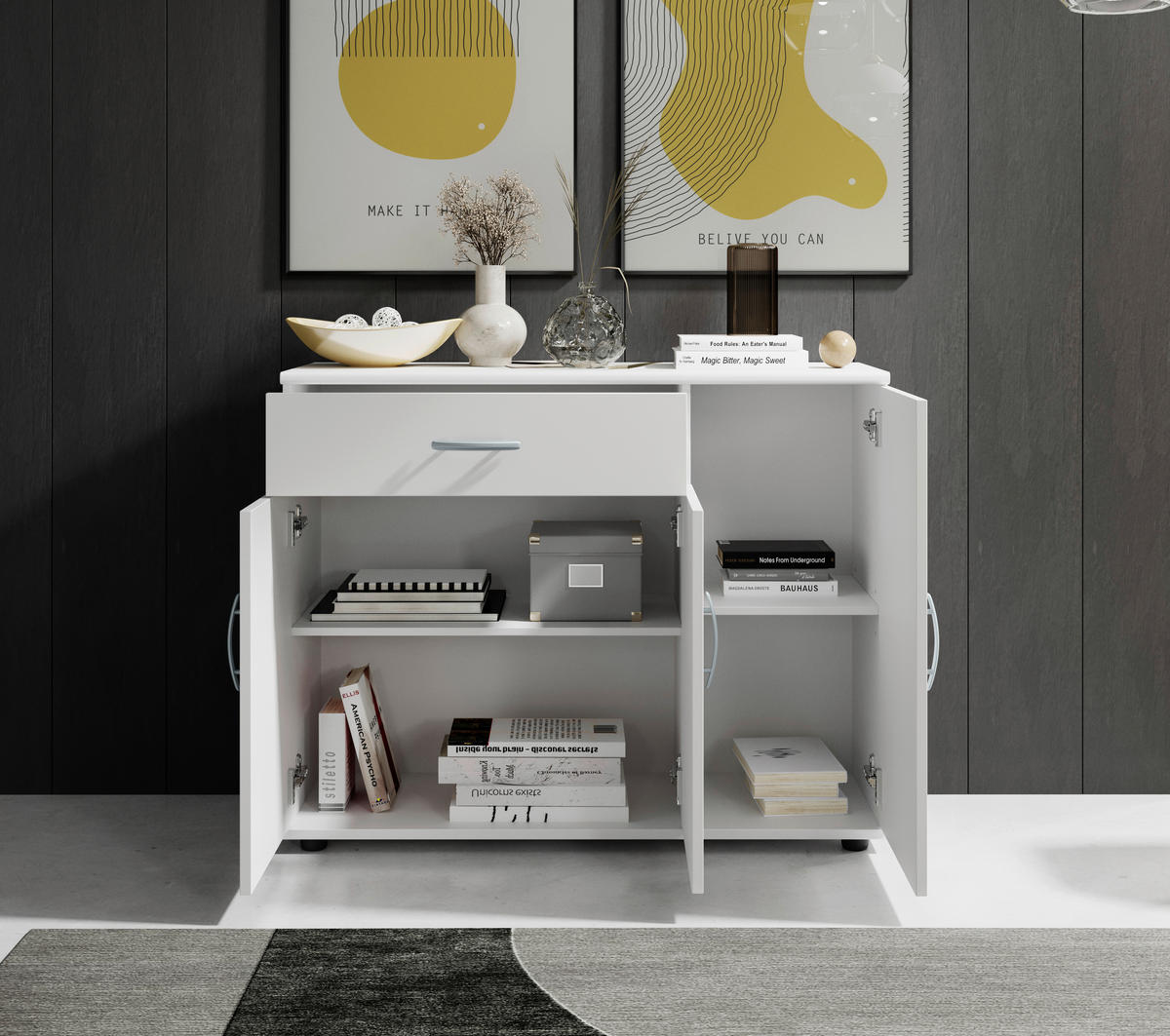 KOMODA  90/70/30 cm  bela  - bela/srebrna, Konvencionalno, pločasti materijal/plastika (90/70/30cm) - Carryhome
