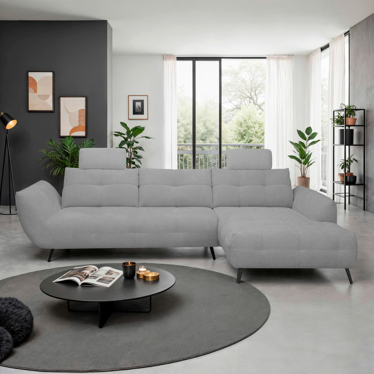 ECKSOFA Grau Chenille Armlehnenkissen, Rücken echt, Sitztiefenverstellung  - Schwarz/Grau, KONVENTIONELL, Textil/Metall (313/215cm) - Hom`in