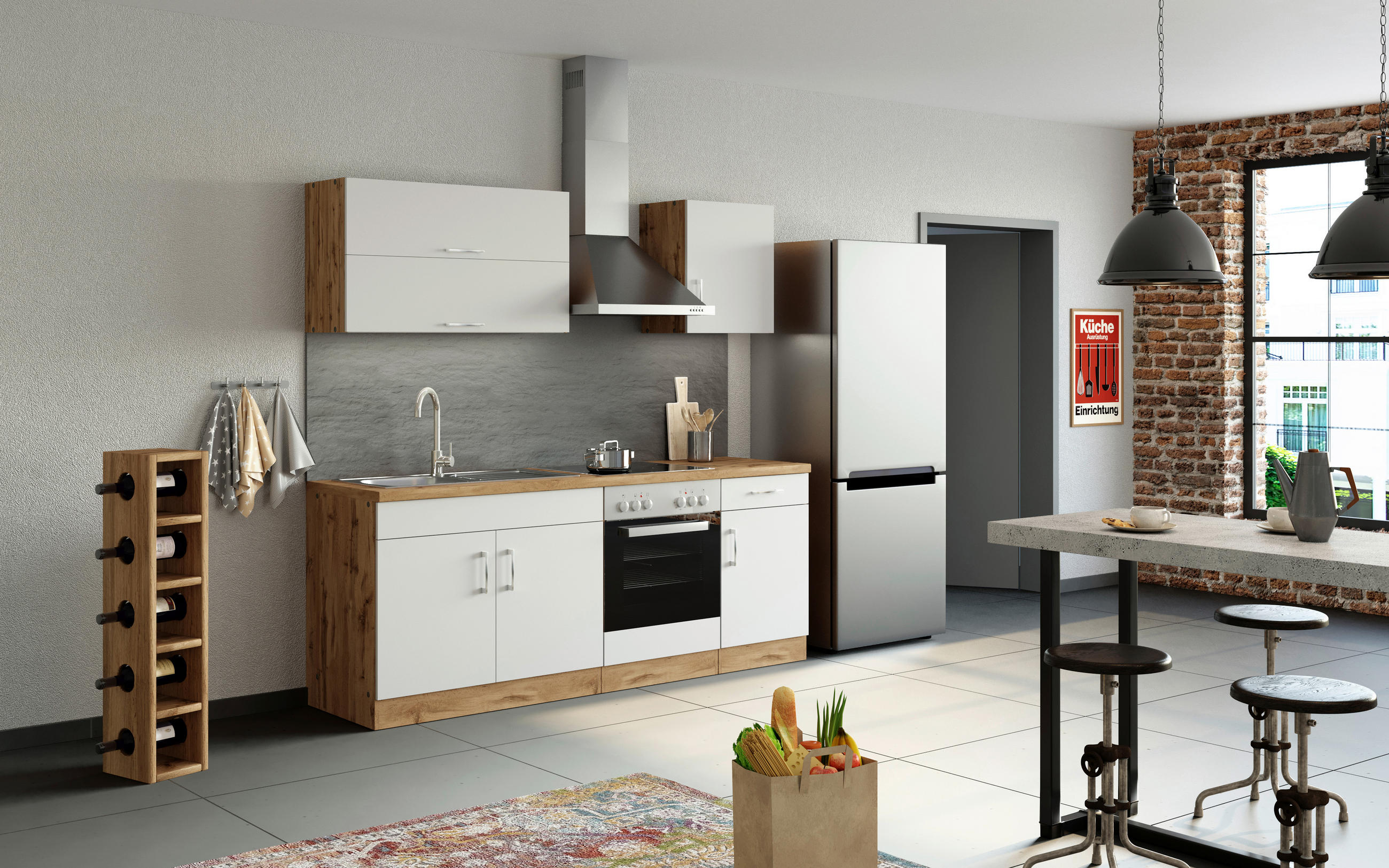 KÜCHENLEERBLOCK 210 cm   in Weiß, Eiche Wotan  - Chromfarben/Eichefarben, MODERN, Holzwerkstoff/Metall (210cm) - Held