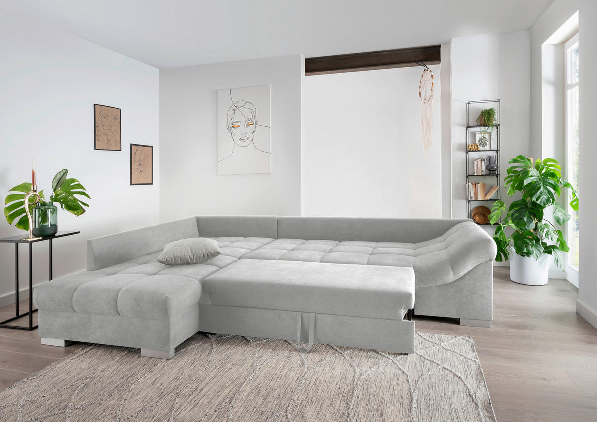 ECKSCHLAFSOFA Silberfarben Mikrofaser  - Silberfarben, Design, Holz/Textil (202/298cm) - MID.YOU