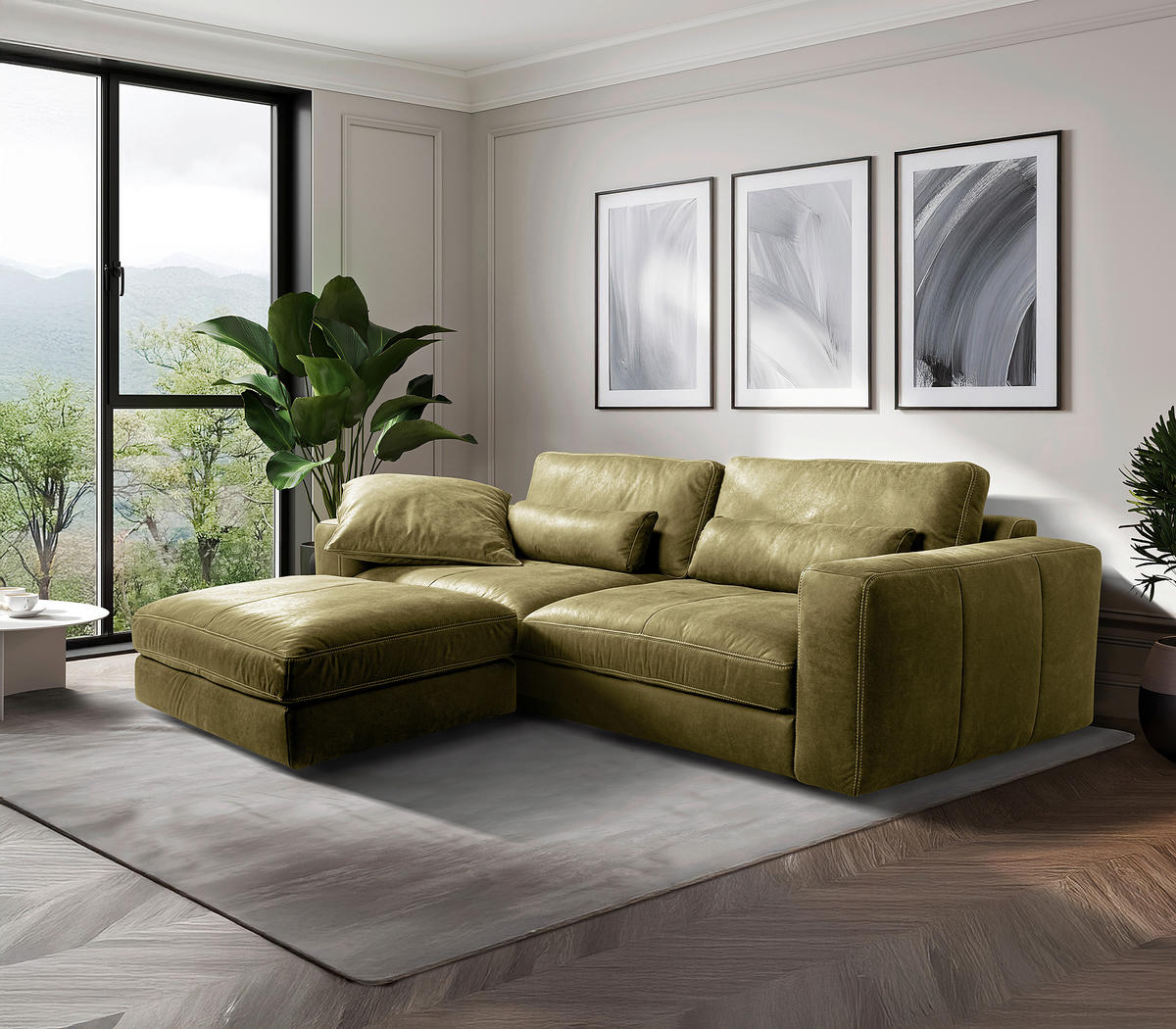 HOCKER in Leder Olivgrün  - Beige/Schwarz, Design, Leder/Kunststoff (123/45/93cm) - Livetastic