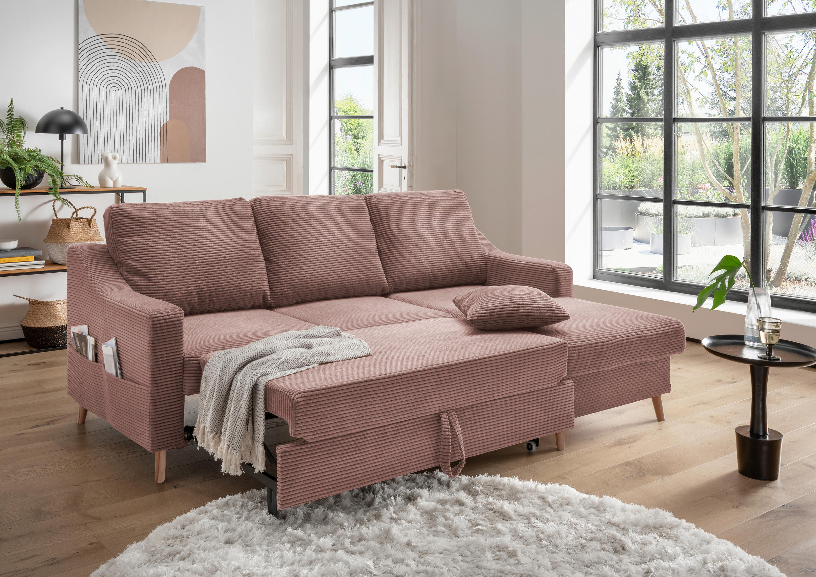 ECKSOFA in Cord Rosa  - Naturfarben/Rosa, Design, Holz/Textil (228/150cm) - P & B