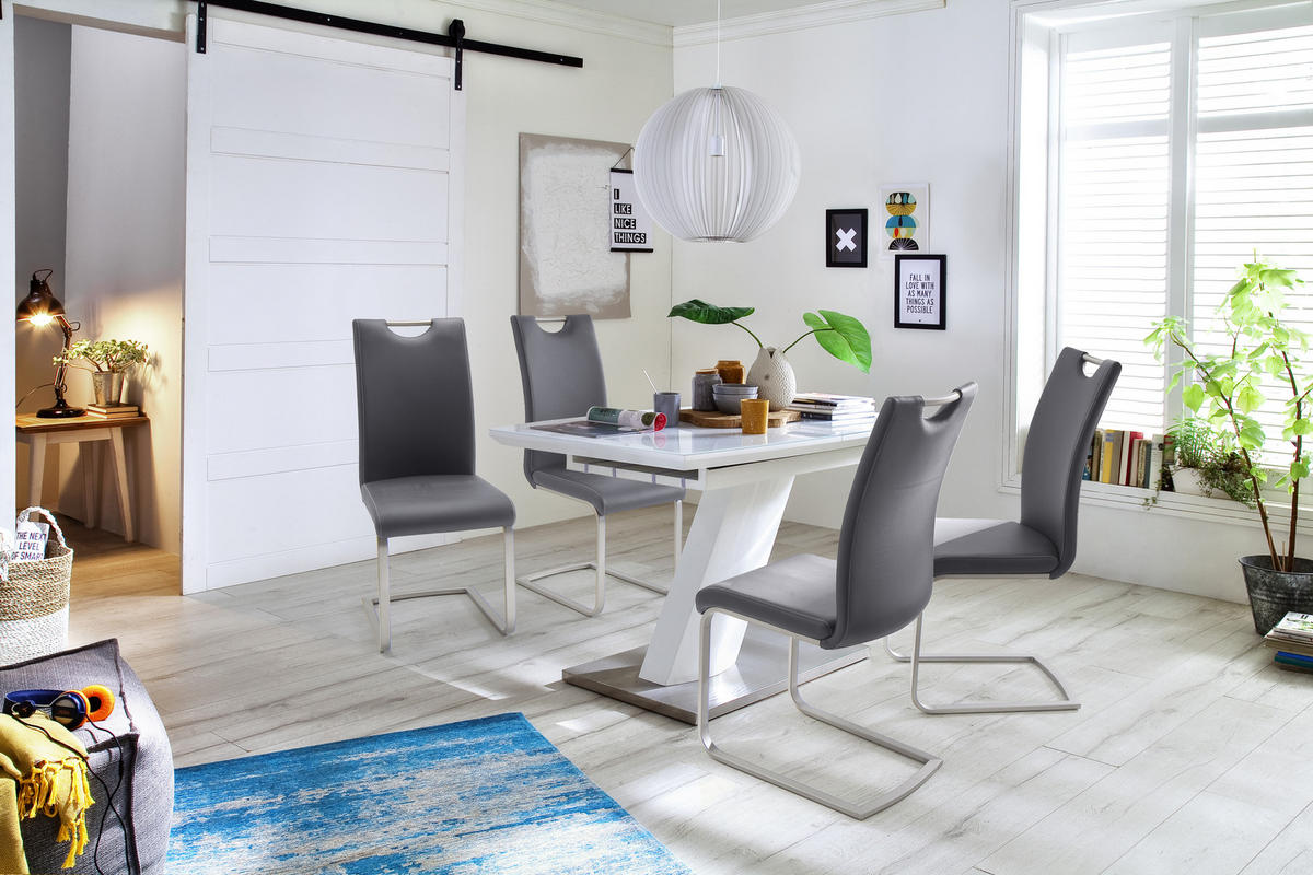 ESSTISCH in Glas, Holzwerkstoff 120-160/80/76 cm  - Weiss/Edelstahlfarben, Design, Glas/Holzwerkstoff (120-160/80/76cm) - Livetastic