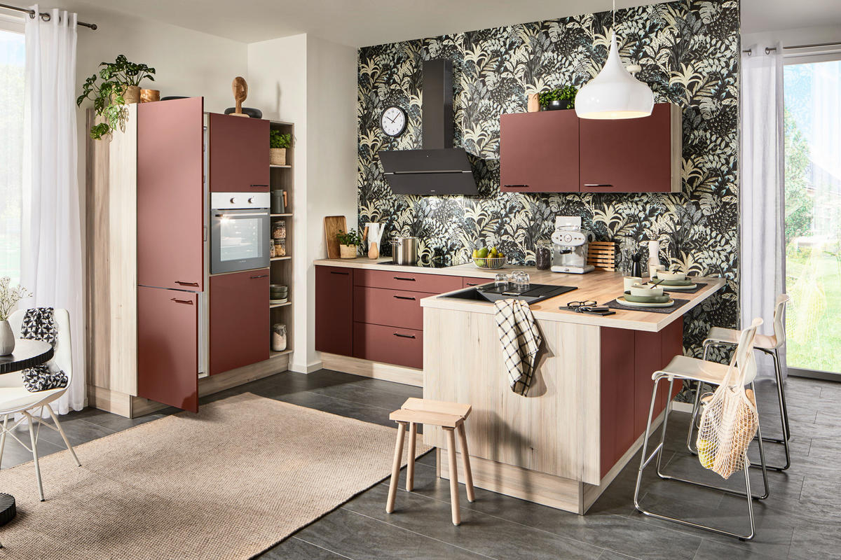 ECKKÜCHE  in Rot, Tannenholzfarben  - Rot/Tannenholzfarben, Design, Holzwerkstoff/Metall (150/280/121,6cm) - Xora