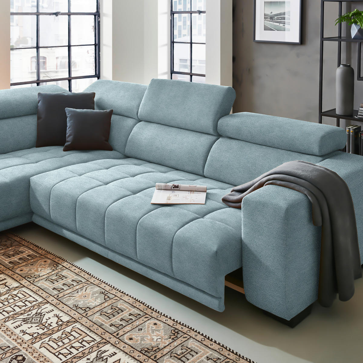 ECKSOFA in Mikrofaser Hellblau  207/301 cm  - Schwarz/Hellblau, Design, Textil/Metall (207/301cm) - Xora