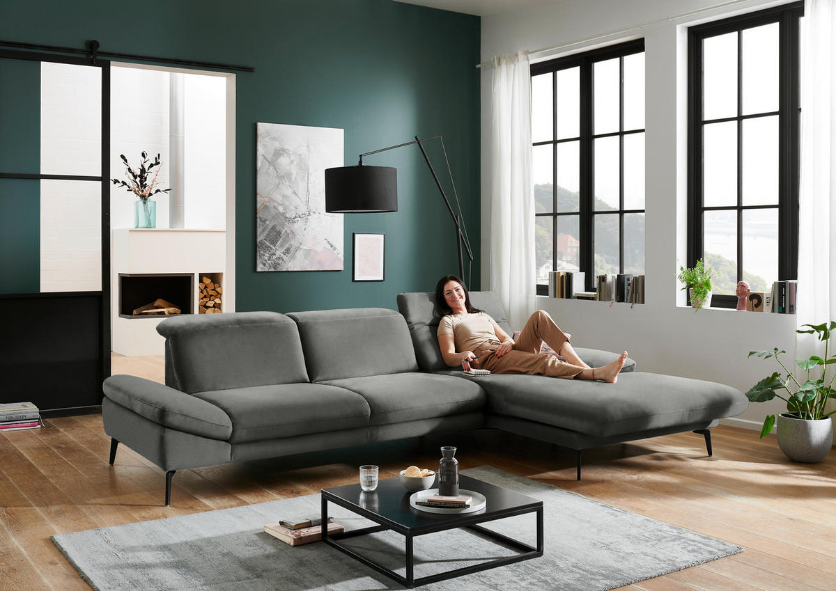 ECKSOFA in Chenille Grau  - Schwarz/Grau, Design, Textil/Metall (319/188cm) - Beldomo System
