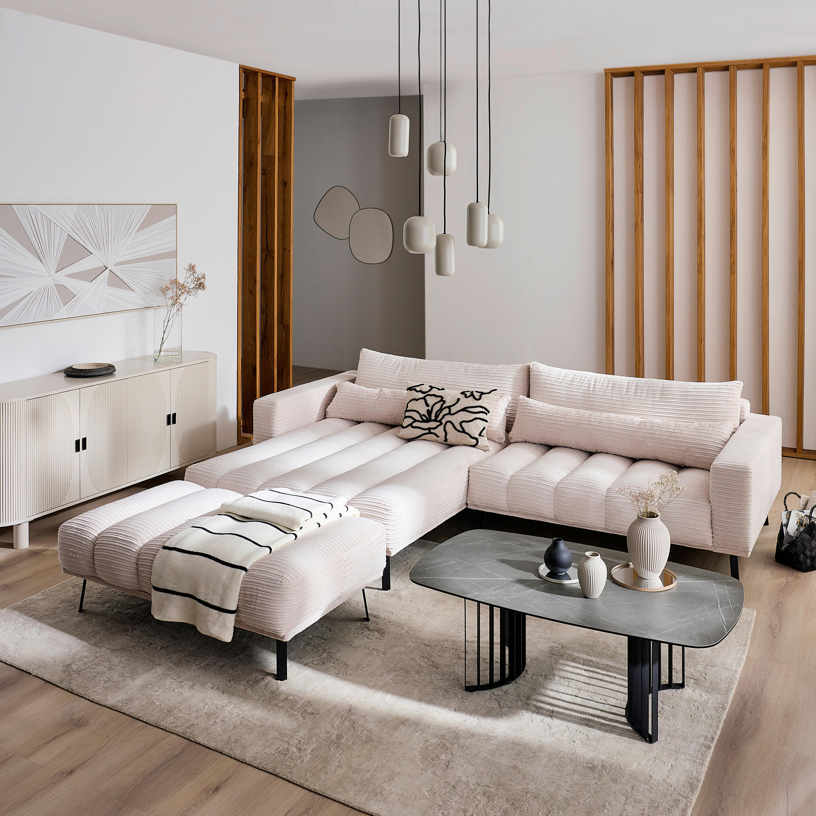 Thumbnail - Lomoco Ecksofa, Beige, Textil, 3-Sitzer, Füllung: Schaumstoffflocken,Schaumstoffflocken, Ottomane links, L-Form, 291x204...