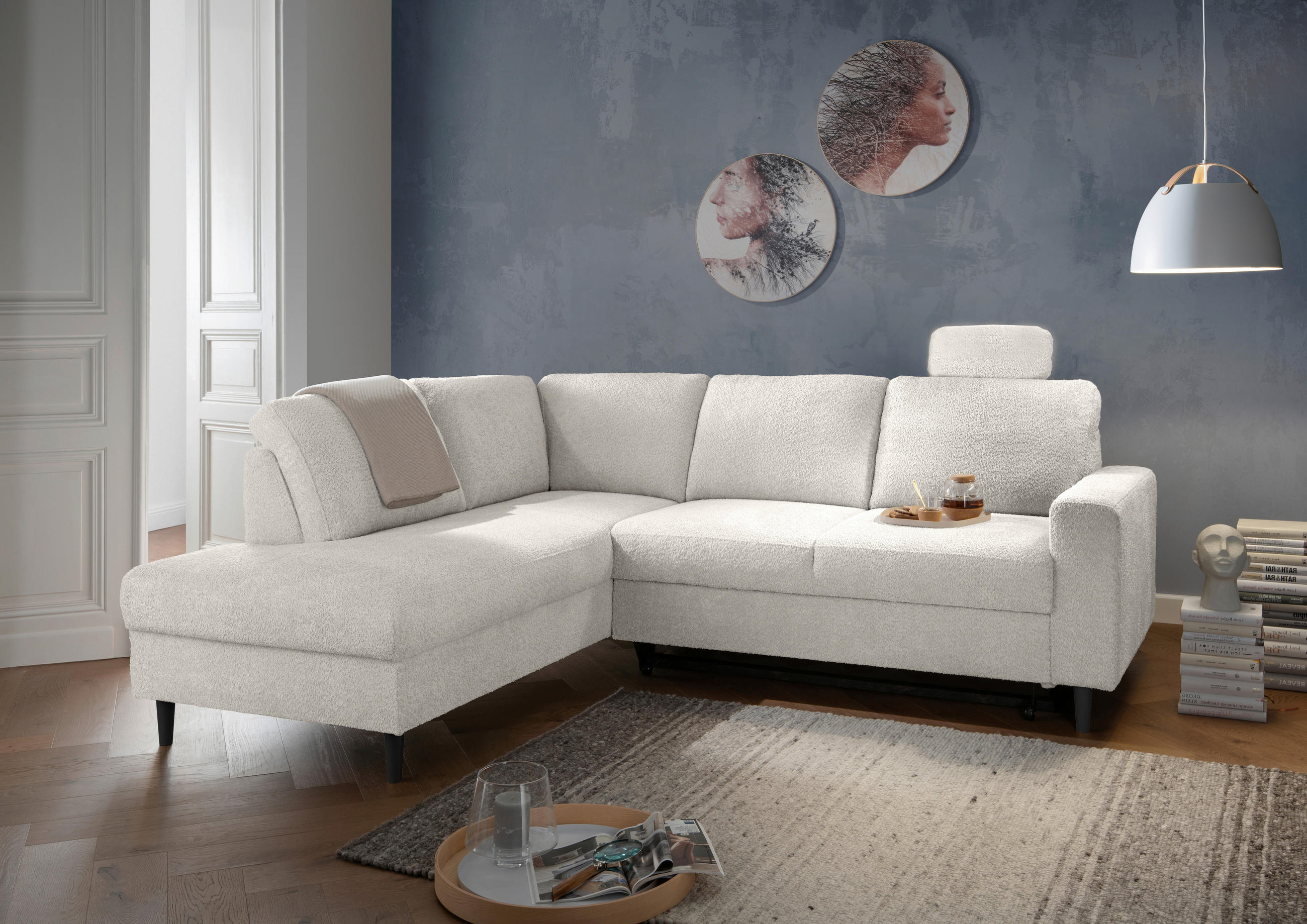 ECKSCHLAFSOFA Passione in Bouclé Weiß  - Schwarz/Weiß, MODERN, Holz/Textil (200/242cm) - Livetastic