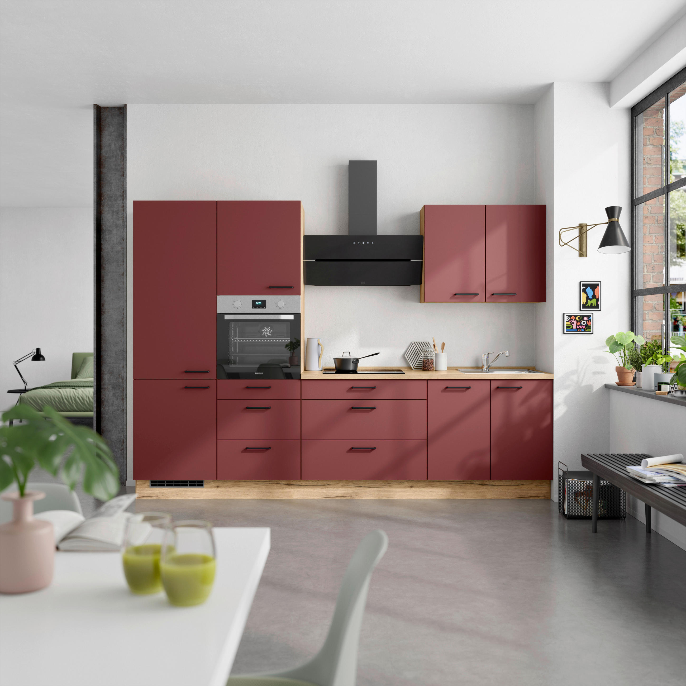KÜCHENLEERBLOCK 300 cm   in Rot, Eichefarben  - Eichefarben/Rot, MODERN, Holzwerkstoff/Metall (300cm) - Nobilia
