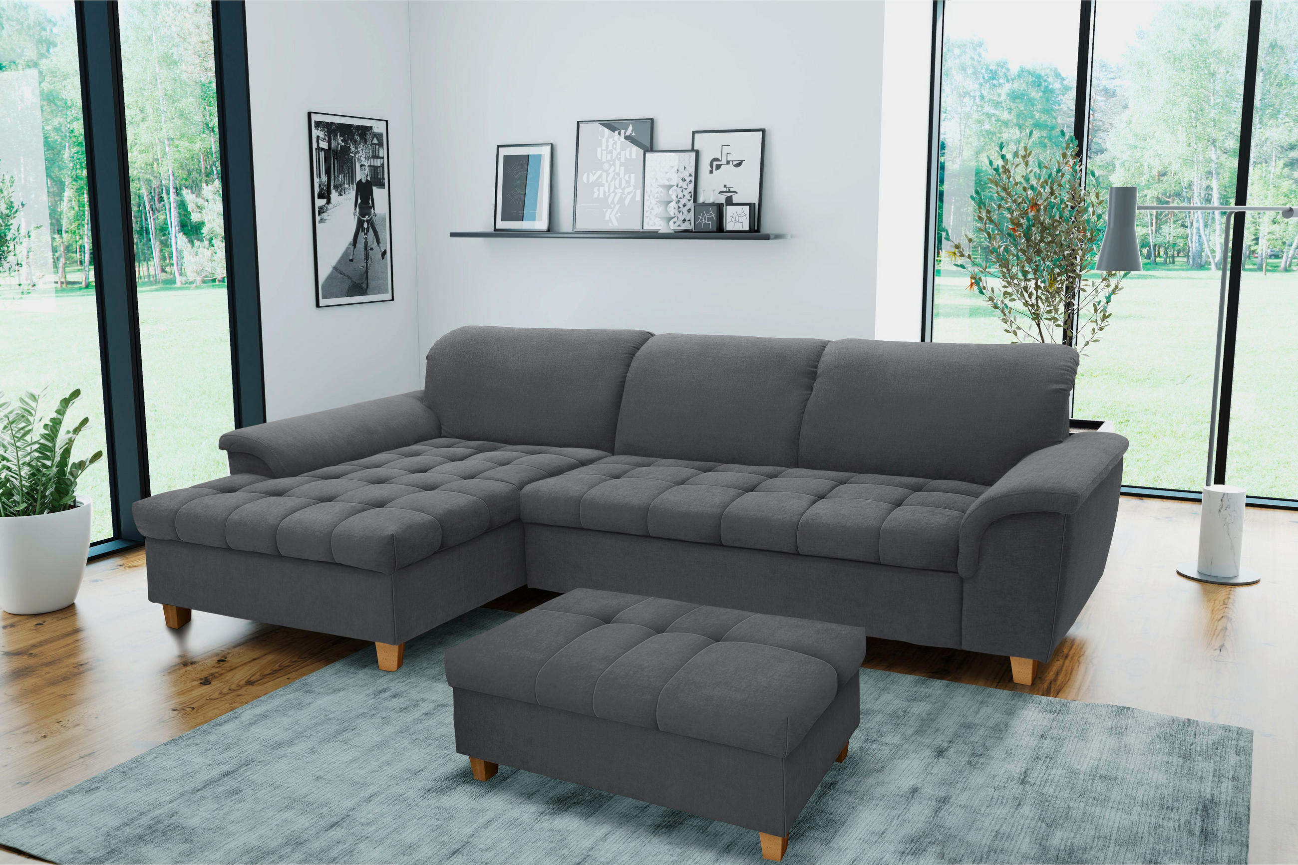 ECKSOFA Dunkelgrau Mikrofaser  - Eichefarben/Dunkelgrau, KONVENTIONELL, Holz/Textil (162/279cm) - MID.YOU