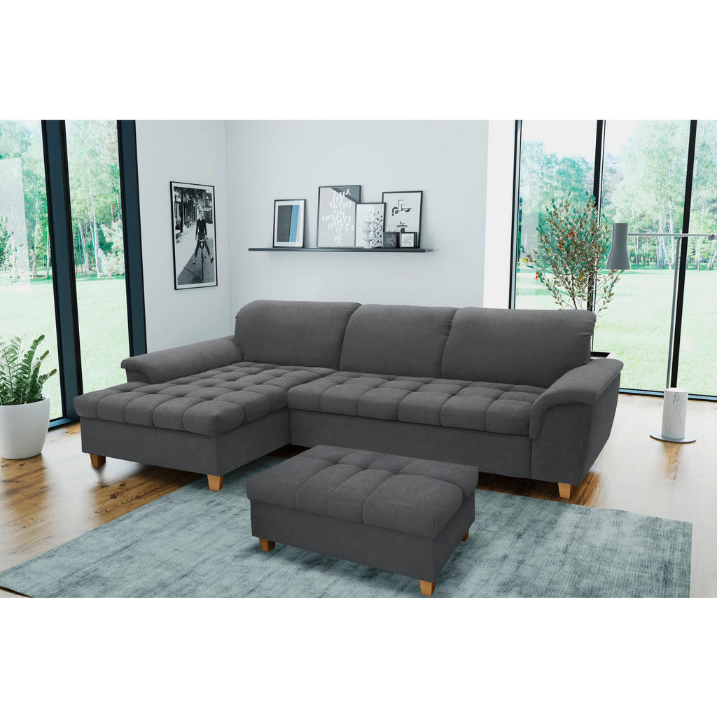 Thumbnail - Mid.you Ecksofa, Dunkelgrau, Textil, Eiche, Uni, 3-Sitzer, Ottomane links, L-Form, 279x162 cm, Made in EU, FSC Mix, Rück...