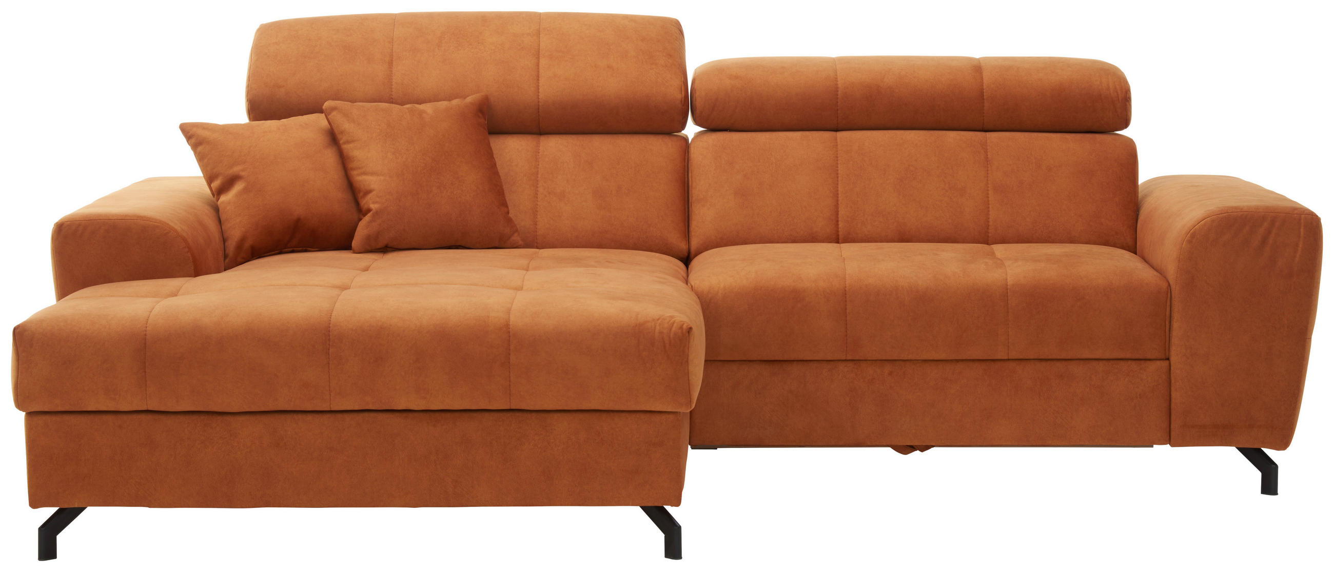ECKSOFA Orange Velours Zierkissen, Schlaffunktion, Rücken echt, Kopfteilverstellung, Stauraum  - Schwarz/Orange, Design, Textil/Metall (181/267cm) - Carryhome