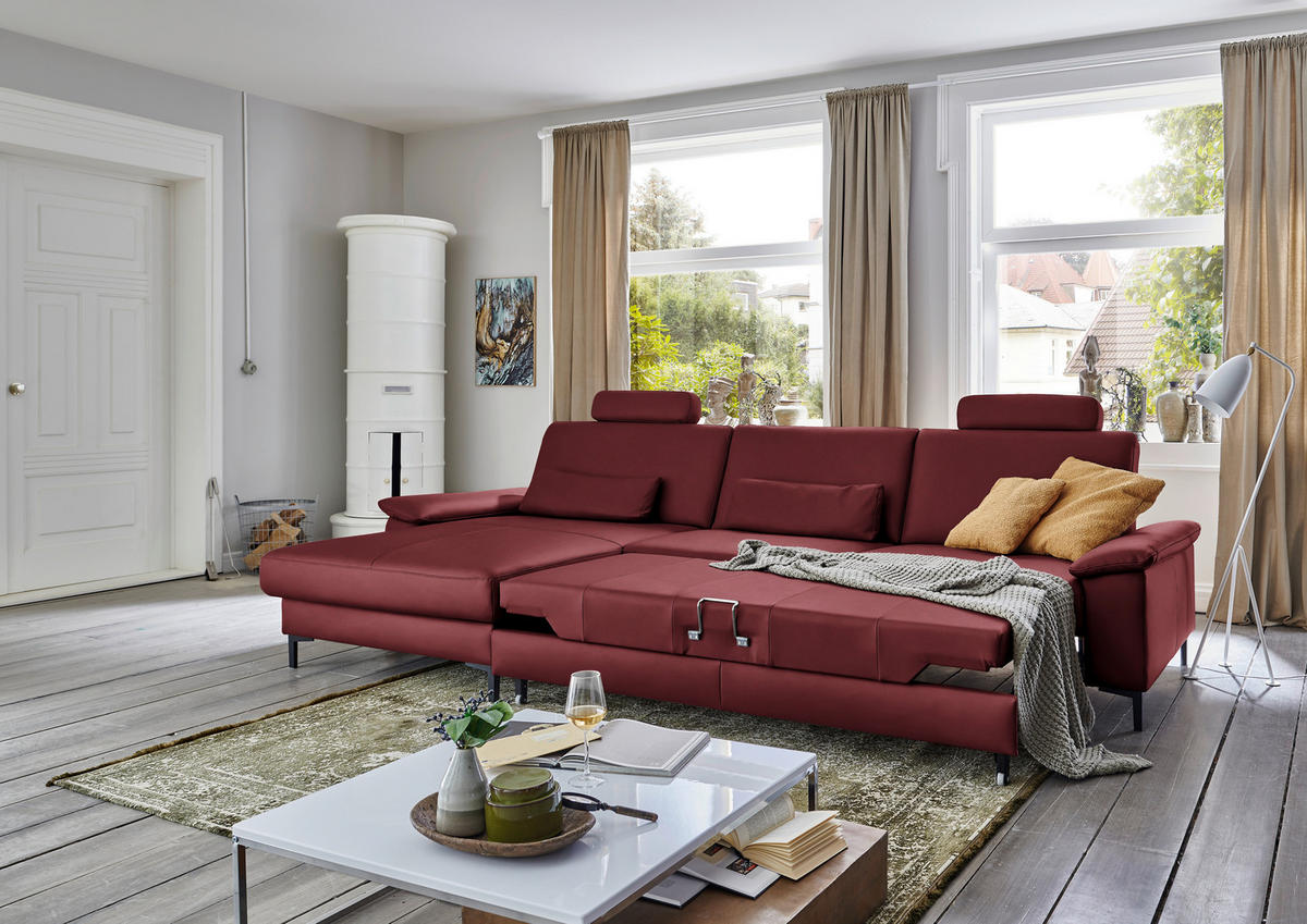 ECKSOFA in Echtleder Rot  - Rot/Schwarz, Design, Leder/Metall (176/334cm) - Dieter Knoll