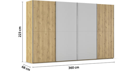 SCHWEBETÜRENSCHRANK 360/223/68 cm 4-türig Eichefarben, Chromfarben, Hellgrau  - Chromfarben/Eichefarben, Design, Glas/Holz (360/223/68cm) - Novel
