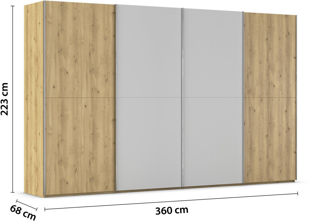 SCHWEBETÜRENSCHRANK 360/223/68 cm 4-türig Eichefarben, Chromfarben, Hellgrau  - Chromfarben/Eichefarben, Design, Glas/Holz (360/223/68cm) - Novel