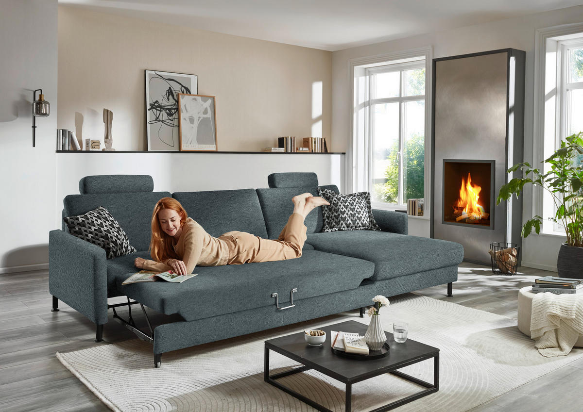 ECKSOFA  in Chenille, Flachgewebe Blau  316/175 cm  - Blau/Schwarz, Design, Textil/Metall (316/175cm) - Dieter Knoll