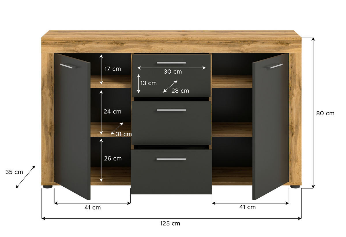 SIDEBOARD 125/80/35 cm  - ek Wotan/silver, Design, trämaterial/plast (125/80/35cm) - MID.YOU