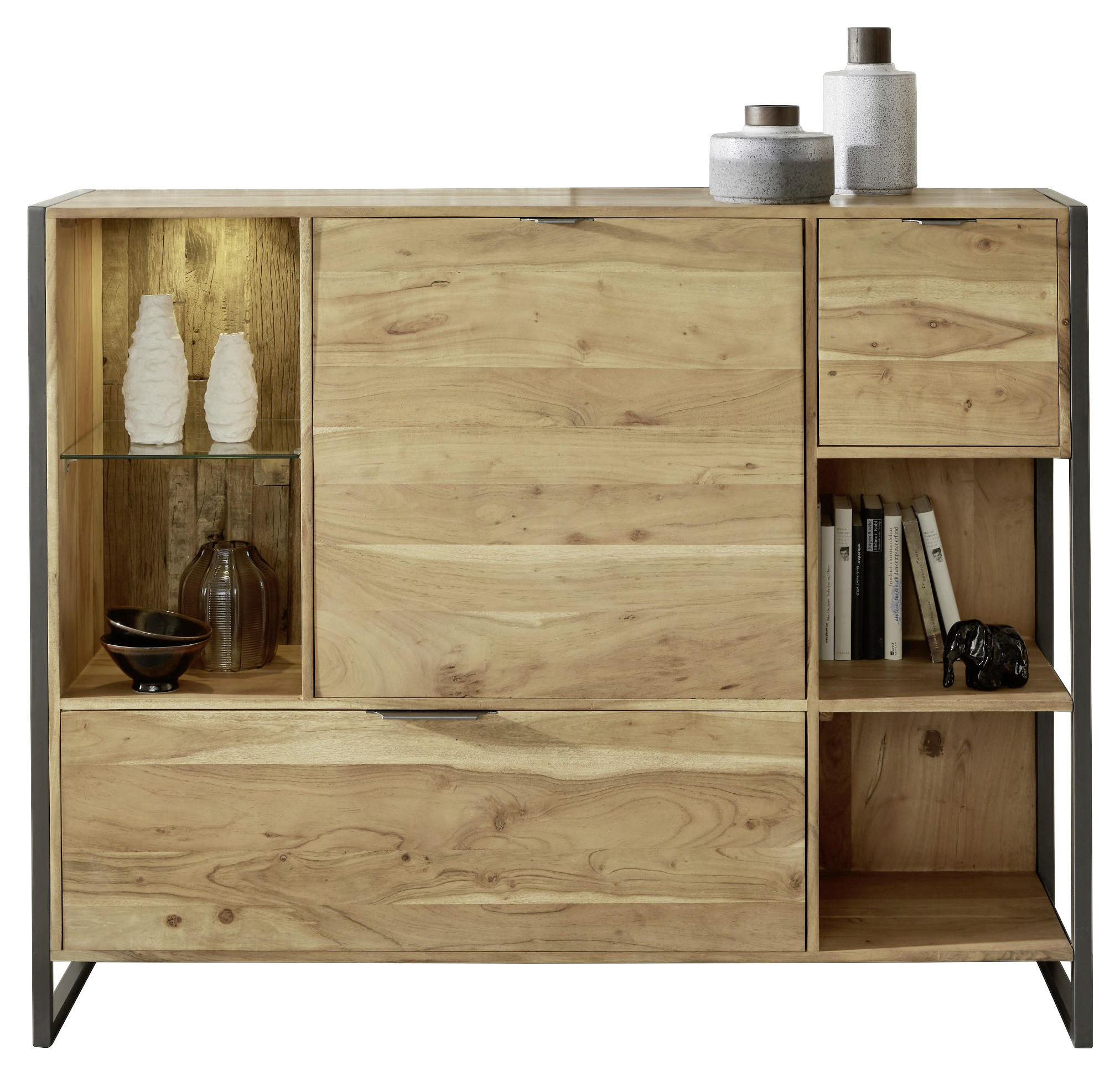 ANRICHTE Akazie vollmassiv gebeizt - Anthrazit/Akaziefarben, Basics, Glas/Holz (146/116/40cm) - Livetastic