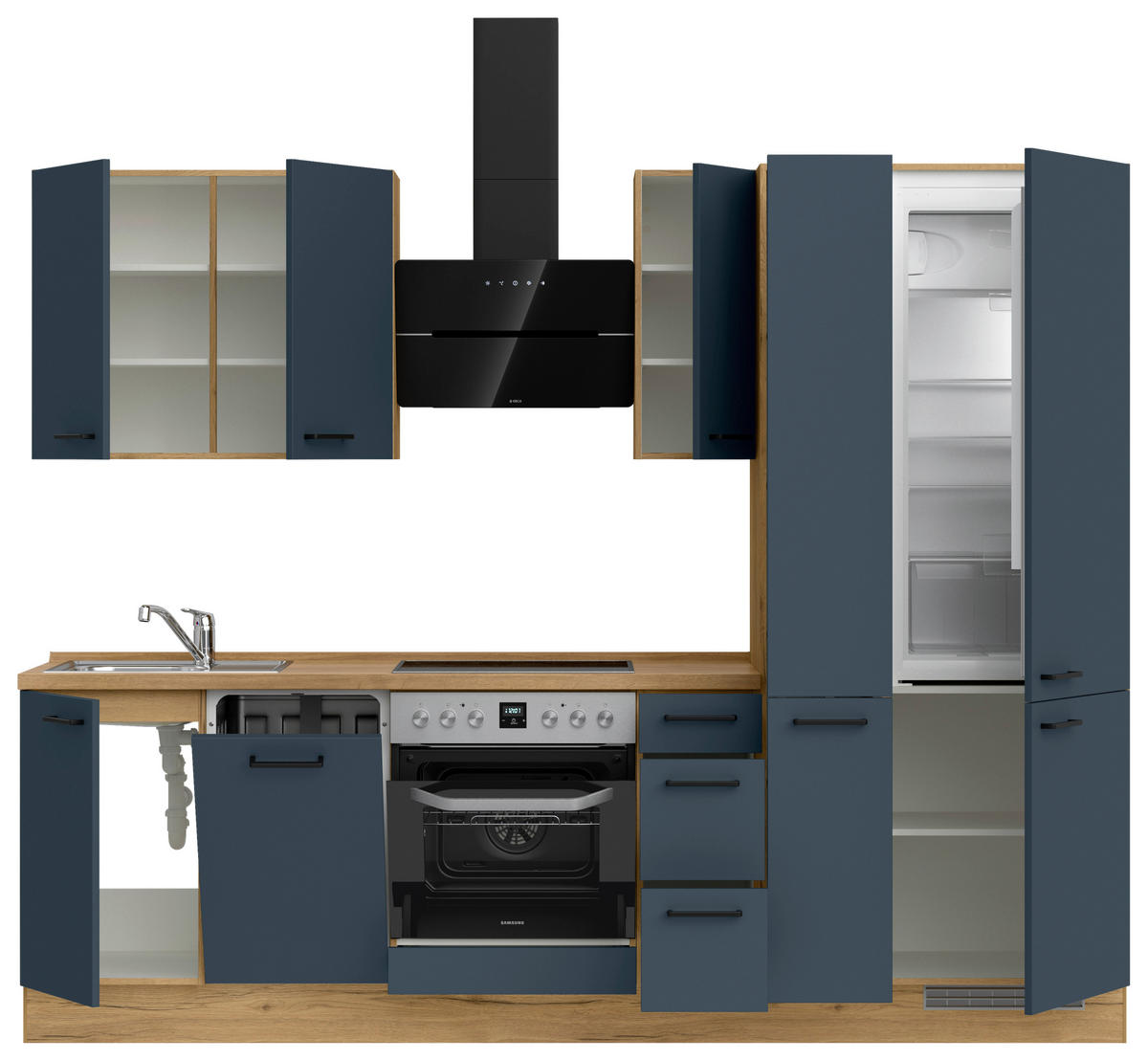 KÜCHENBLOCK Easytouch 270 cm  in Eichefarben, Dunkelblau  - Eichefarben/Schwarz, MODERN, Holzwerkstoff/Metall (270cm) - Nobilia