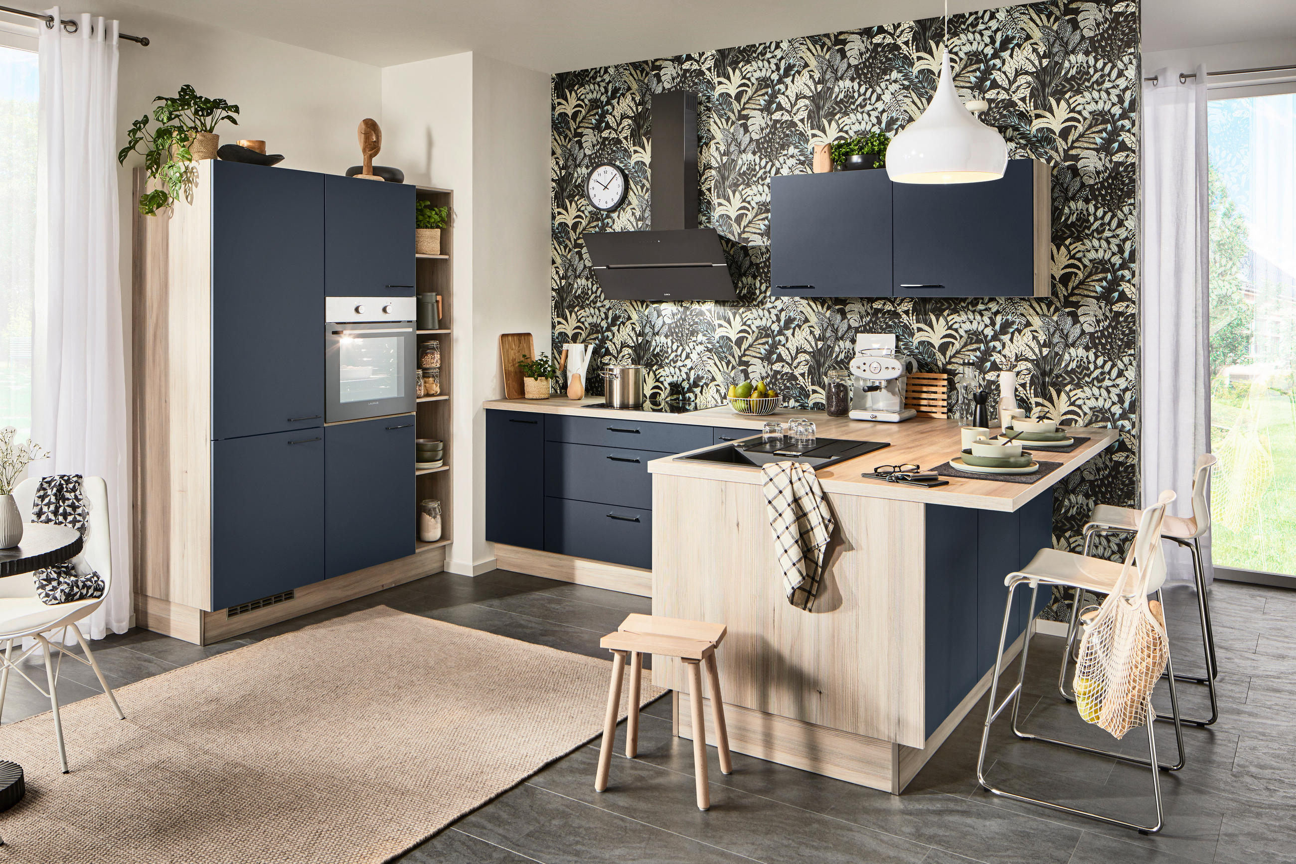 ECKKÜCHE  in Blau, Tannenholzfarben  - Blau/Tannenholzfarben, Design, Holzwerkstoff/Metall (150/280/121,6cm) - Xora