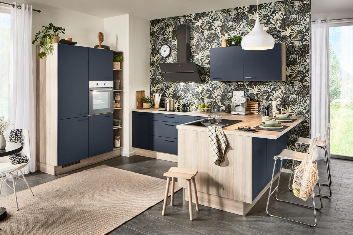 ECKKÜCHE  in Blau, Tannenholzfarben  - Blau/Tannenholzfarben, Design, Holzwerkstoff/Metall (150/280/121,6cm) - Xora