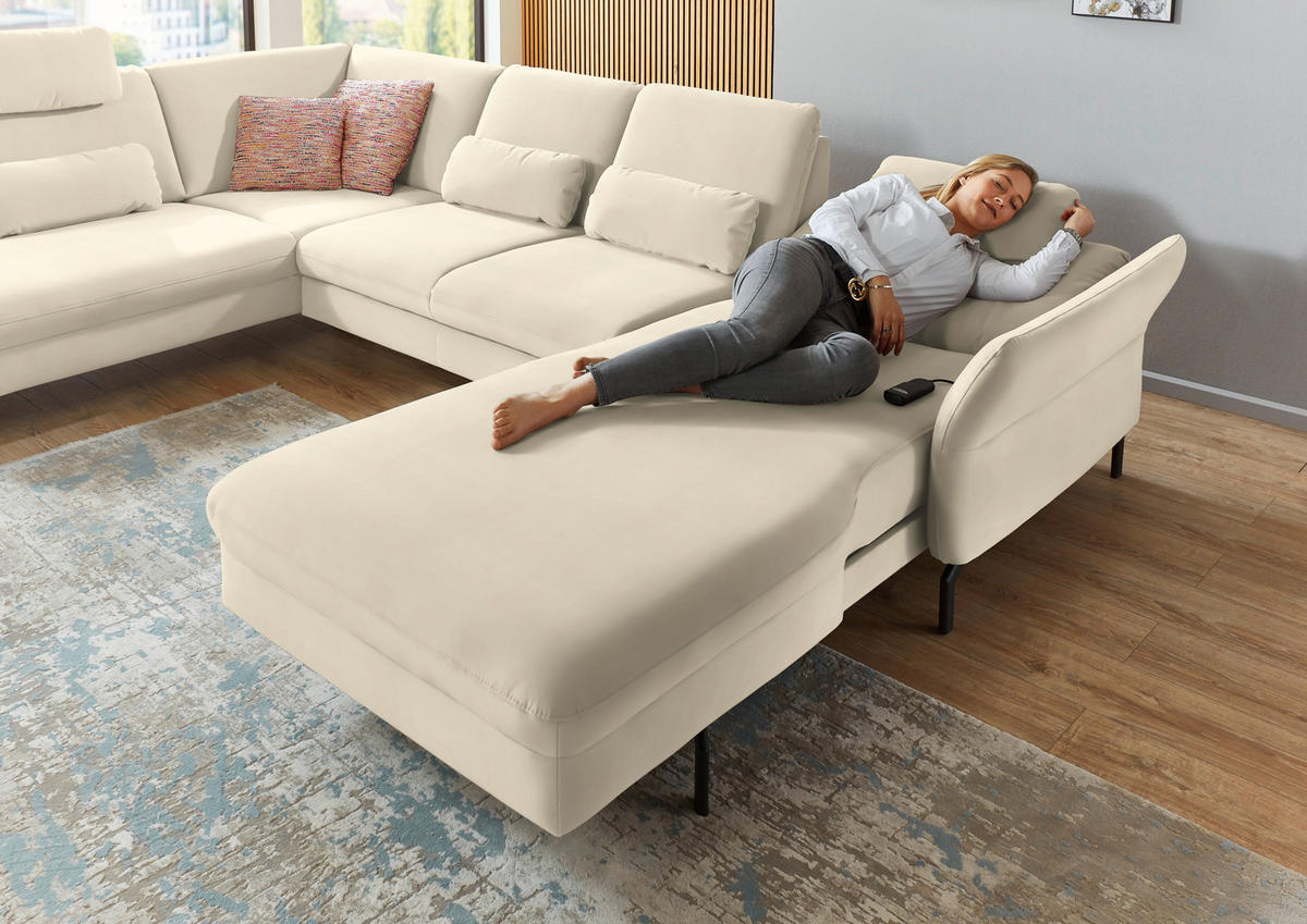 WOHNLANDSCHAFT in Velours Creme, Naturfarben  - Creme/Schwarz, Design, Textil/Metall (220/335/179cm) - Beldomo System