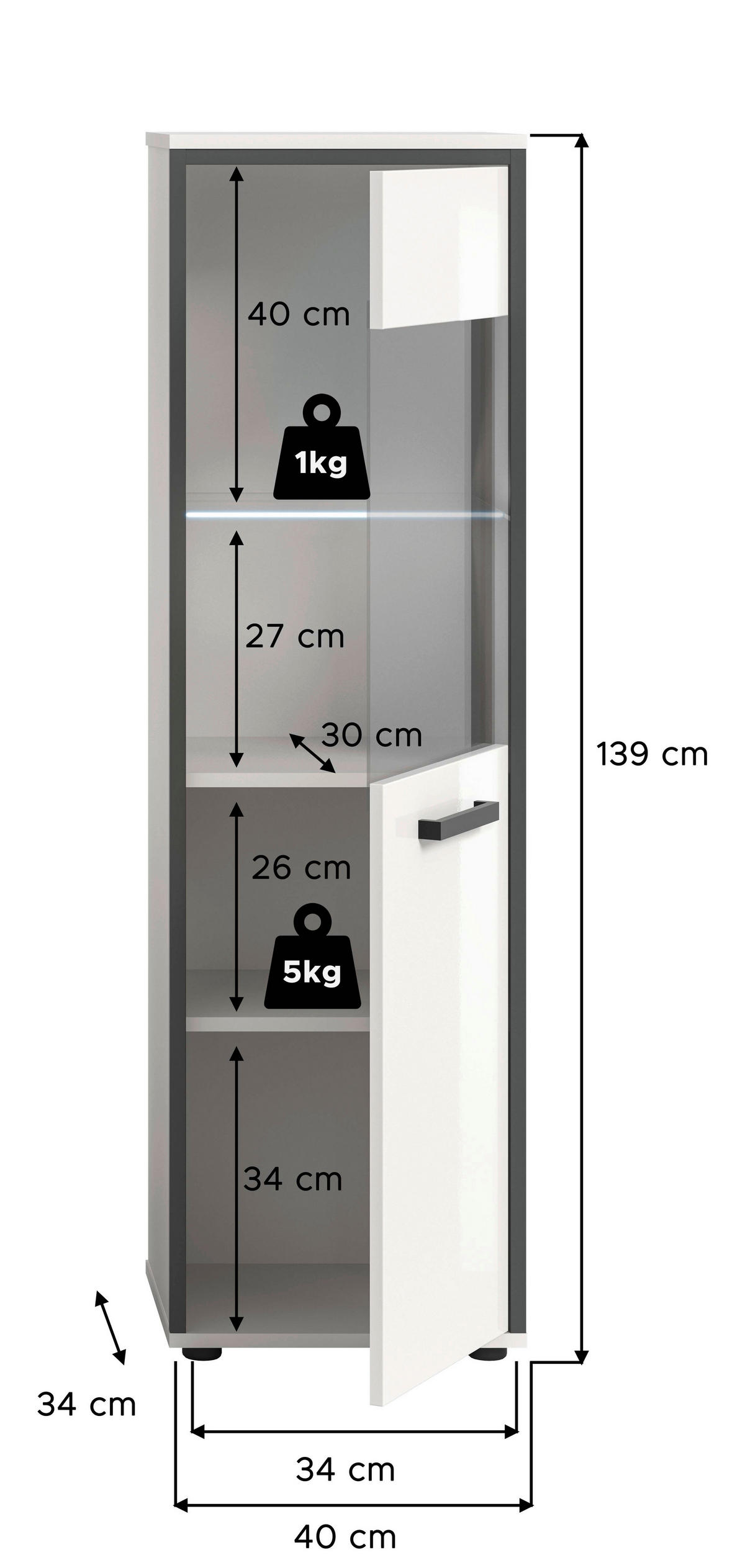 MIDISCHRANK 40/139/34 cm  - Weiß Hochglanz/Schwarz, MODERN, Holzwerkstoff/Kunststoff (40/139/34cm) - MID.YOU