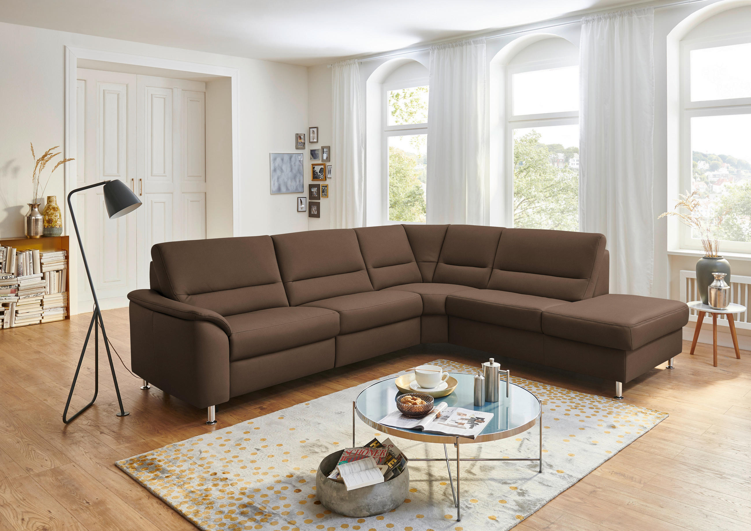 ECKSOFA in Echtleder Graubraun  - Graubraun/Alufarben, Konventionell, Leder/Metall (290/249cm) - Beldomo Premium
