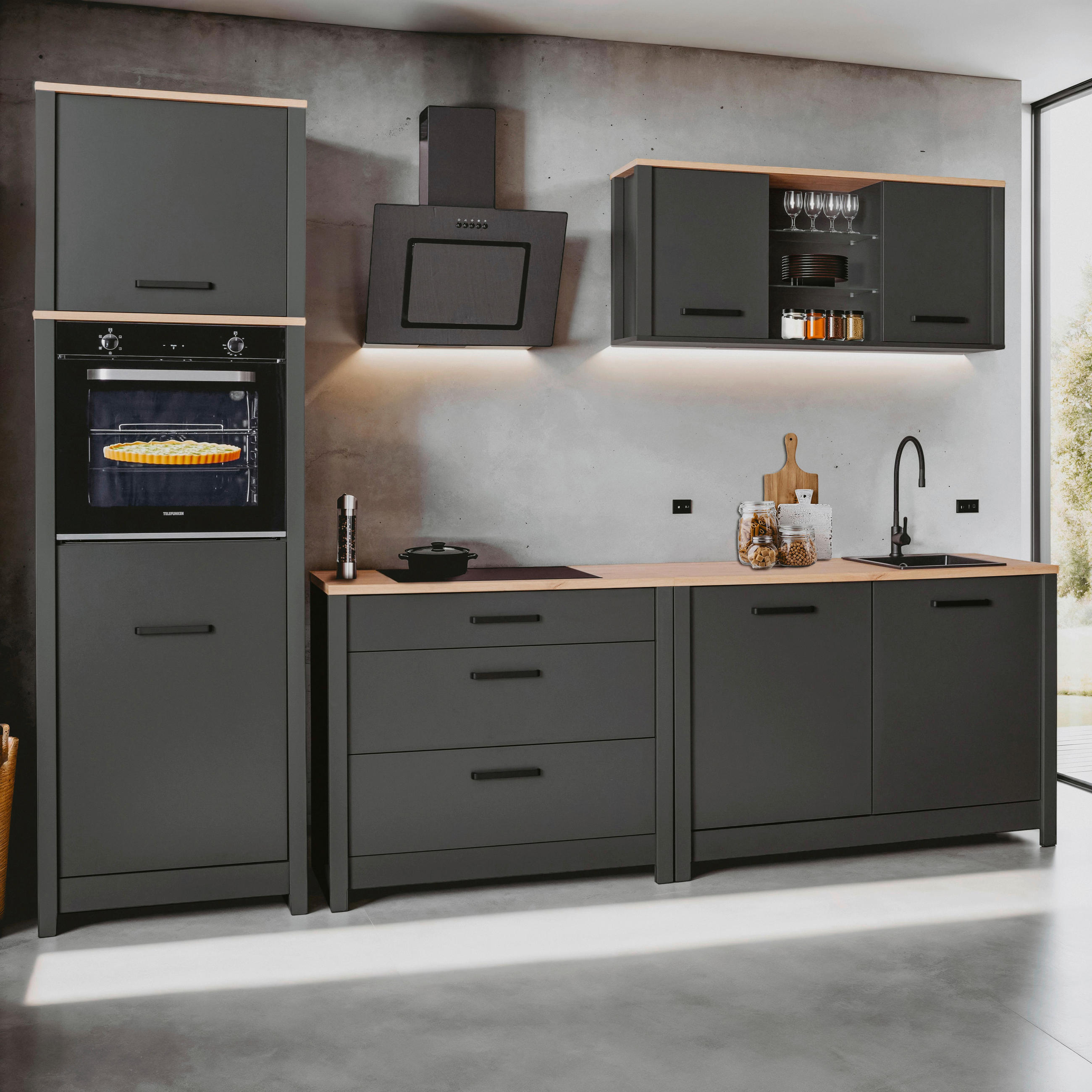 KÜCHENLEERBLOCK 300 cm   in Anthrazit, Eiche Artisan  - Anthrazit/Schwarz, MODERN, Glas/Holzwerkstoff (300cm) - home24