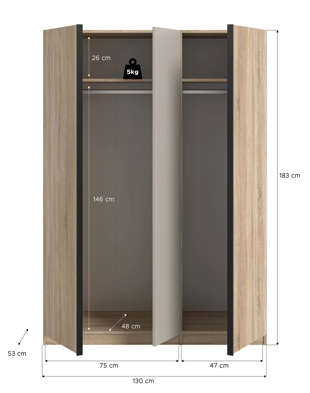 DREHTÜRENSCHRANK 130/183/53 cm,  in Sonoma Eiche, Kaschmir, 3-türig  - Kaschmir/Schwarz, MODERN, Holzwerkstoff (130/183/53cm) - MID.YOU