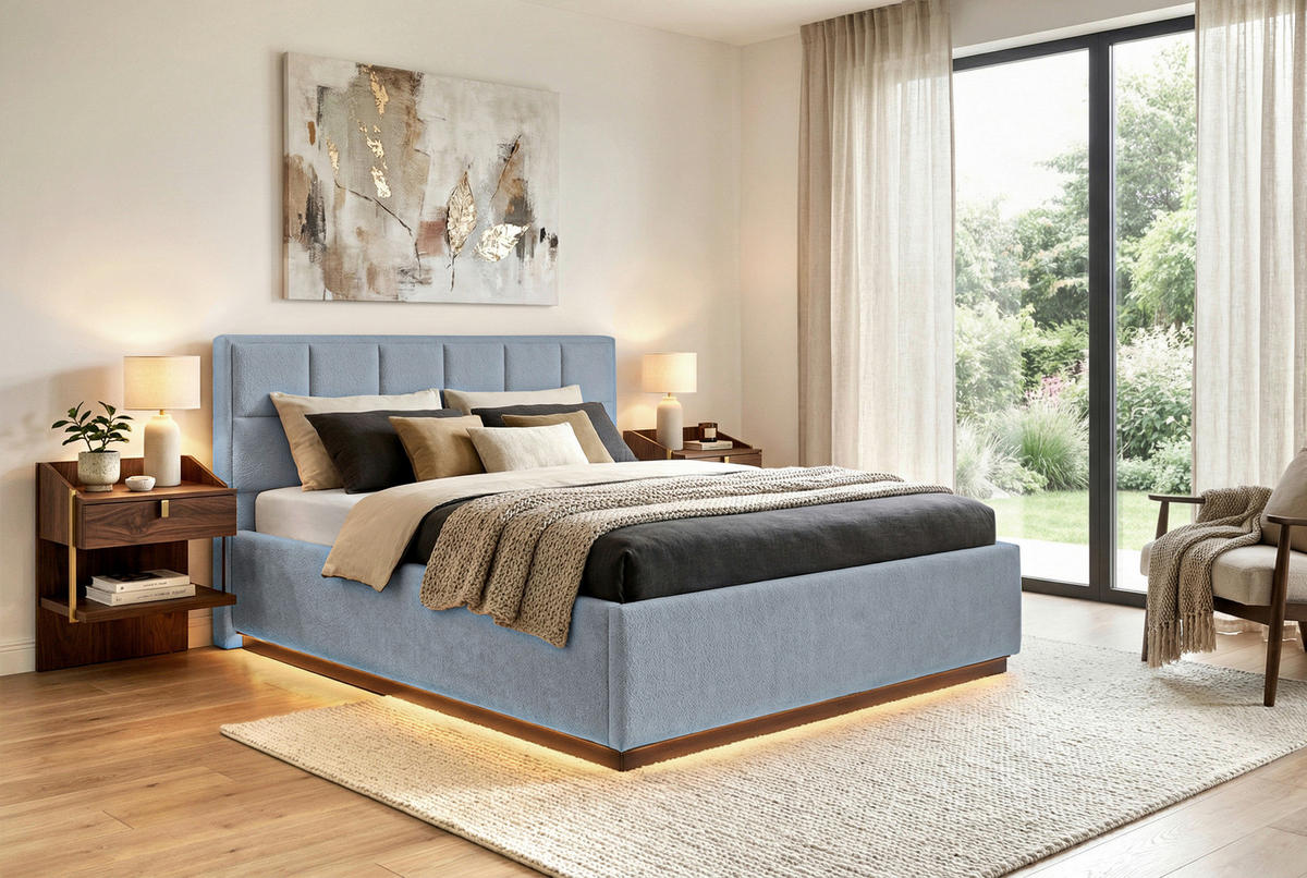 POLSTERBETT 140/200 cm,  in Hellgrau, gepolstertes Kopfteil, Beleuchtung, Lattenrost, Bettkasten,  - Birkefarben/Hellgrau, Design, Holz/Holzwerkstoff (140/200cm) - Chameo