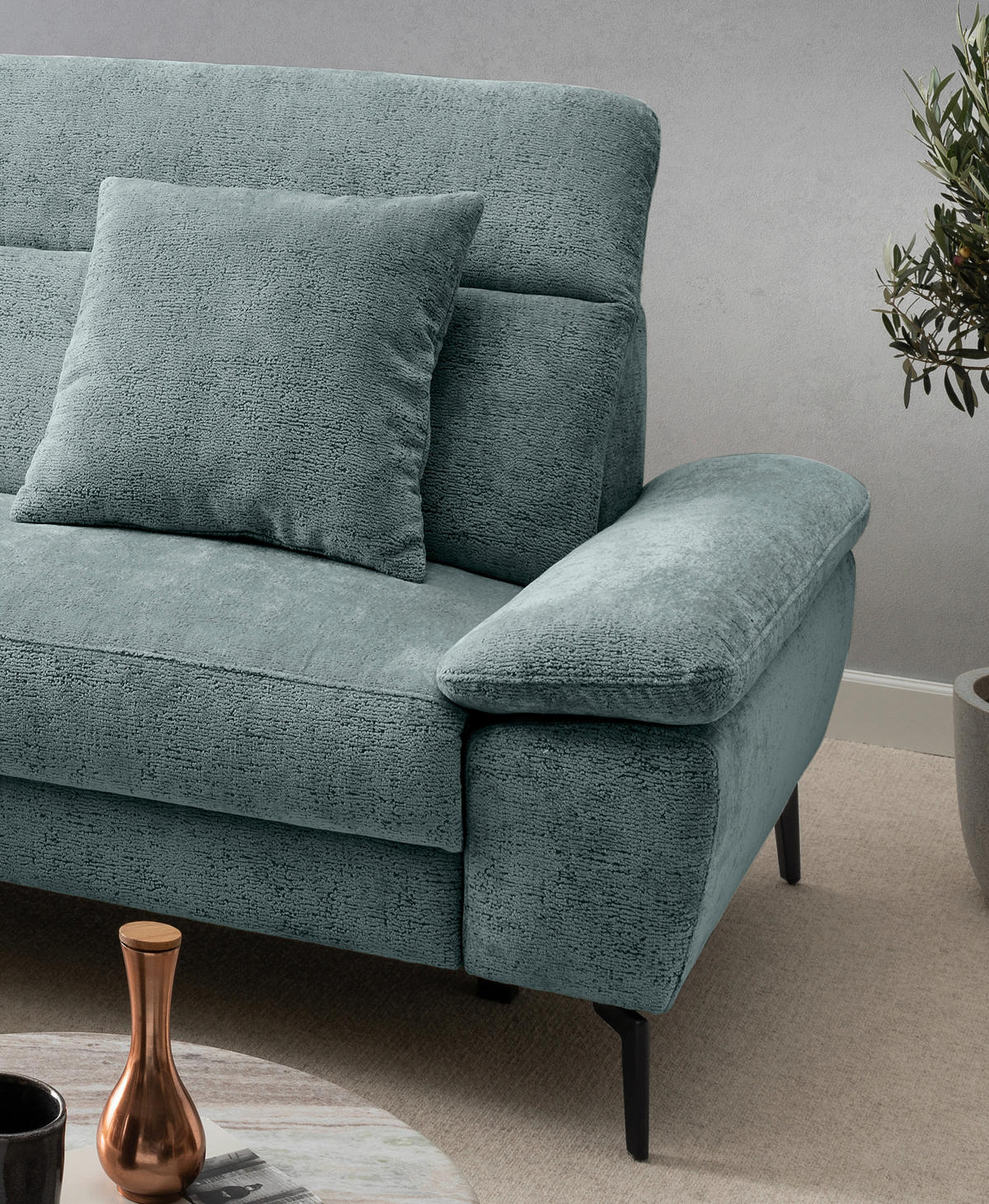 ECKSOFA CANCELLI Türkis Struktur Zierkissen, Kopfteilverstellung  - Türkis/Schwarz, KONVENTIONELL, Textil/Metall (178/300cm) - Livetastic