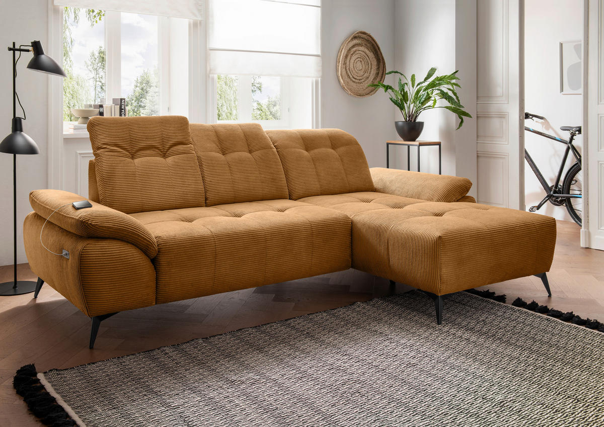 ECKSOFA Cord Goldfarben  - Goldfarben/Schwarz, Modern, Textil/Metall (280/180cm) - Livetastic