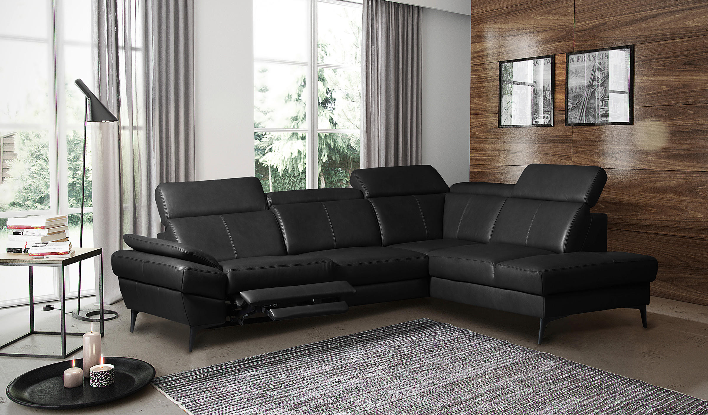 ECKSOFA Lederlook Echtleder Schwarz  - Schwarz, Design, Leder/Textil (264/211cm) - Livetastic