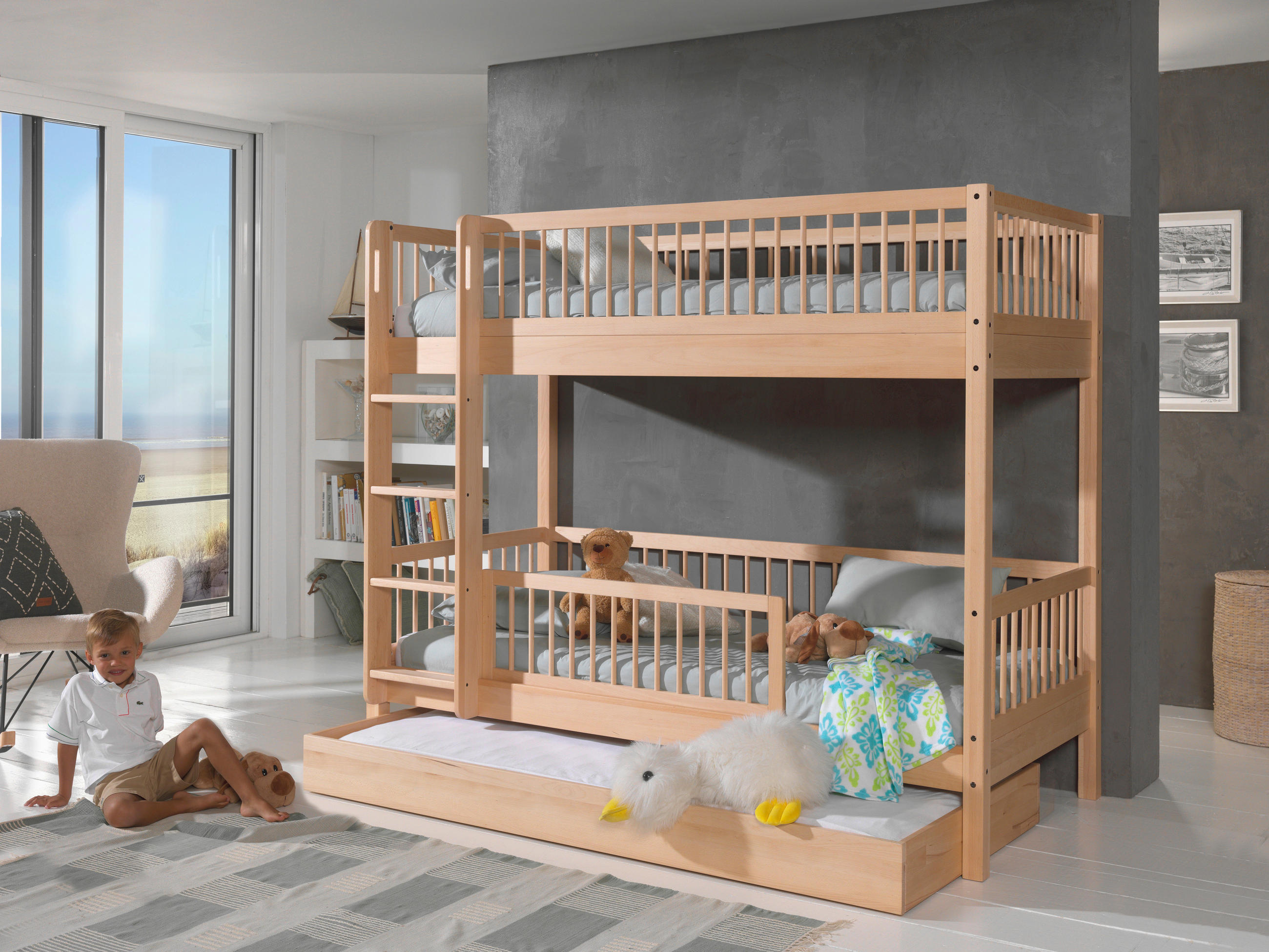 ETAGENBETT 90/200 cm,  in Buchefarben, Absturzsicherung, Leiter, Rollrost, Bettschublade  - Buchefarben/Naturfarben, MODERN, Holz (90/200cm) - Vipack