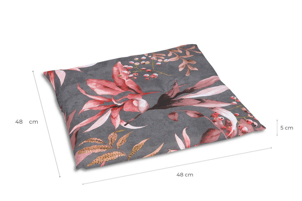 KERTI ÜLŐPÁRNA antracit, barna, rózsaszín levelek  - barna/rózsaszín, Design, textil (48/48/5cm) - Ambia Garden