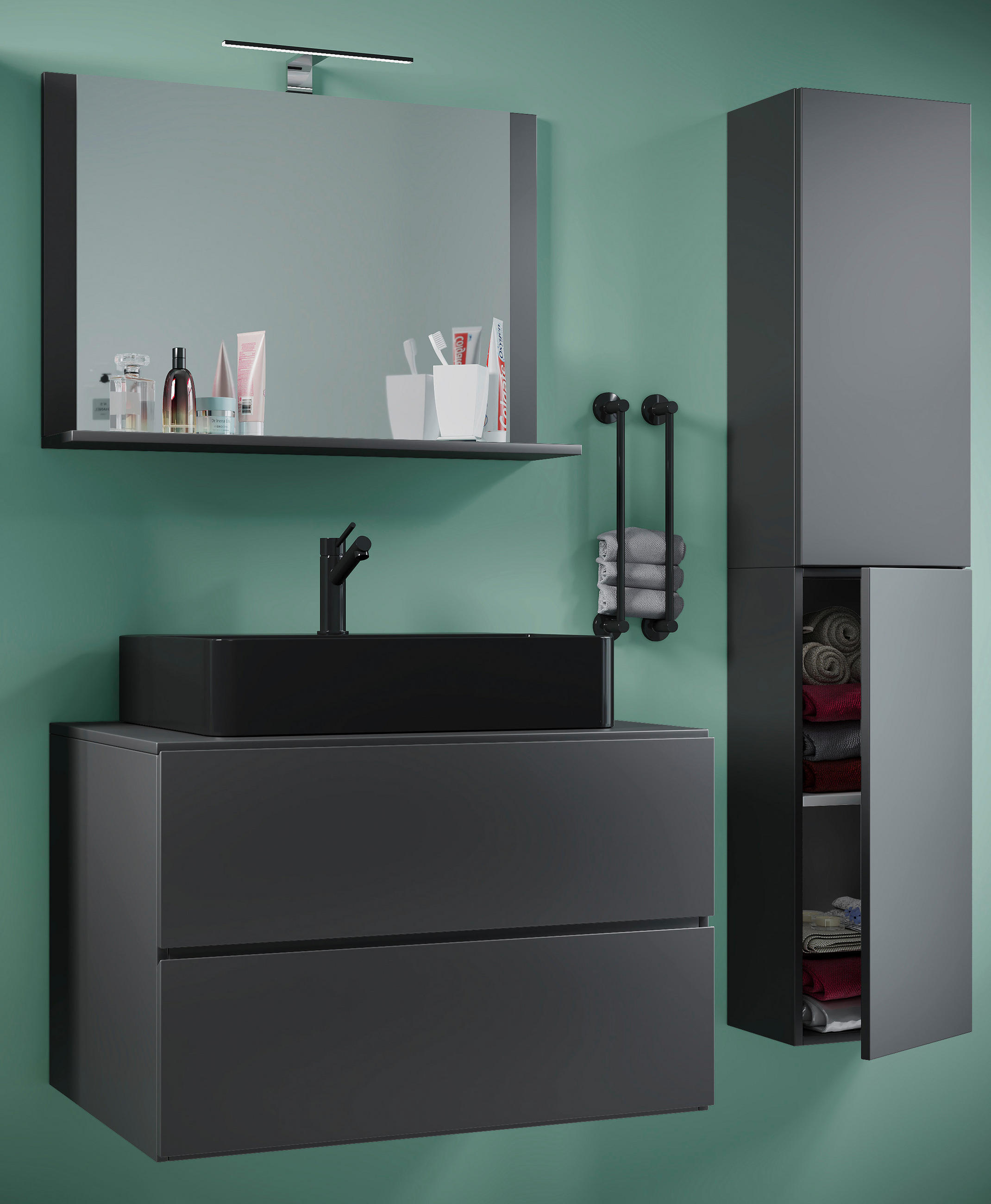 BADEZIMMER 4-teilig  in 114 cm  - Anthrazit/Schwarz, Modern, Glas/Keramik (114cm) - MID.YOU