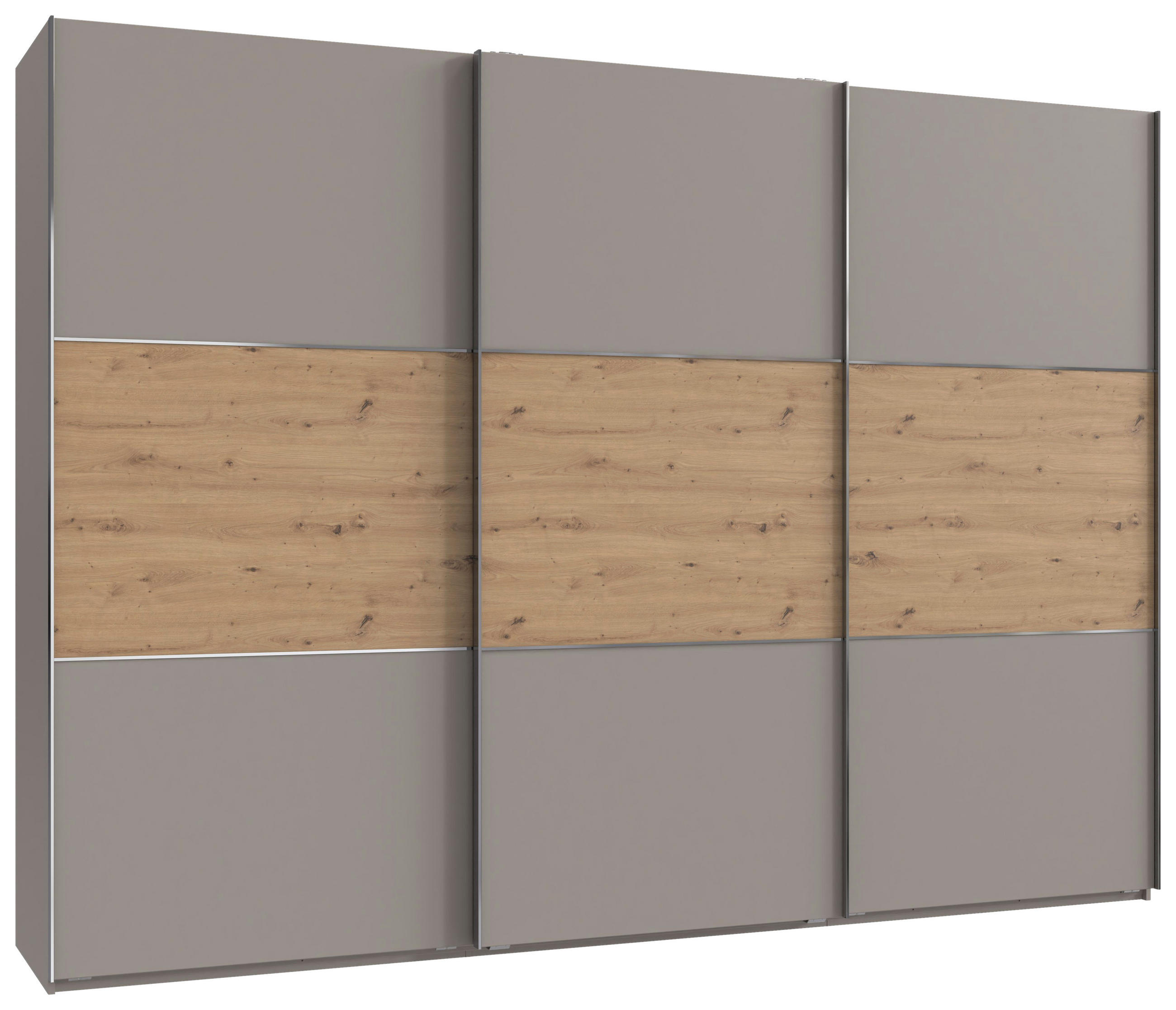 SCHWEBETÜRENSCHRANK 300/216/65 cm 3-türig Grau, Edelstahlfarben, Eiche Artisan  - Edelstahlfarben/Eiche Artisan, KONVENTIONELL, Holzwerkstoff/Metall (300/216/65cm) - Stylife