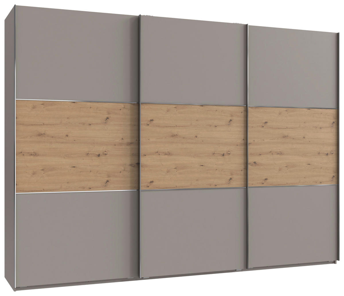 SCHWEBETÜRENSCHRANK 300/216/65 cm 3-türig Grau, Edelstahlfarben, Eiche Artisan  - Edelstahlfarben/Eiche Artisan, KONVENTIONELL, Holzwerkstoff/Metall (300/216/65cm) - Stylife