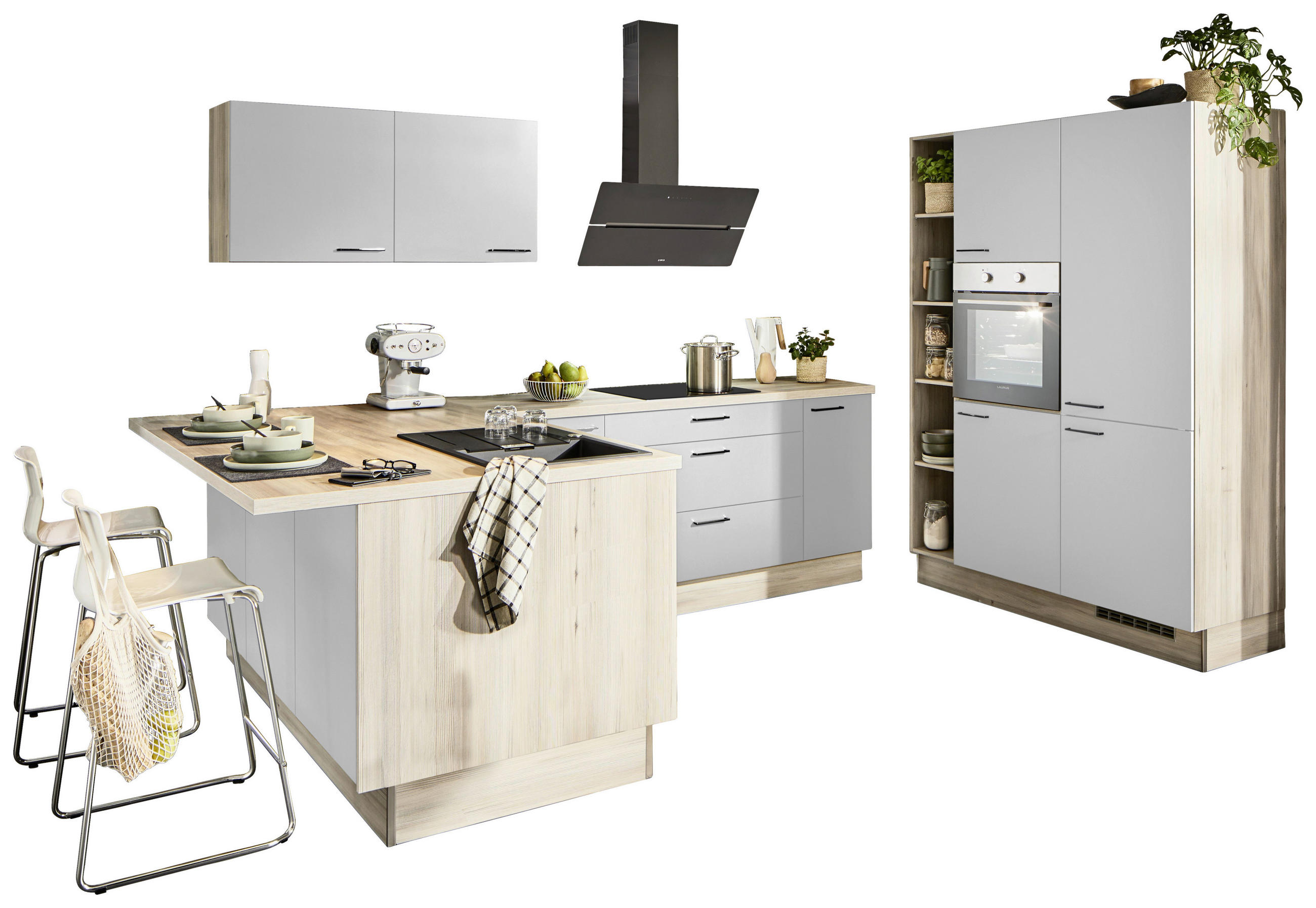 ECKKÜCHE  in Hellgrau, Tannenholzfarben  - Tannenholzfarben/Hellgrau, Design, Holzwerkstoff/Metall (121,6/280/150cm) - Xora