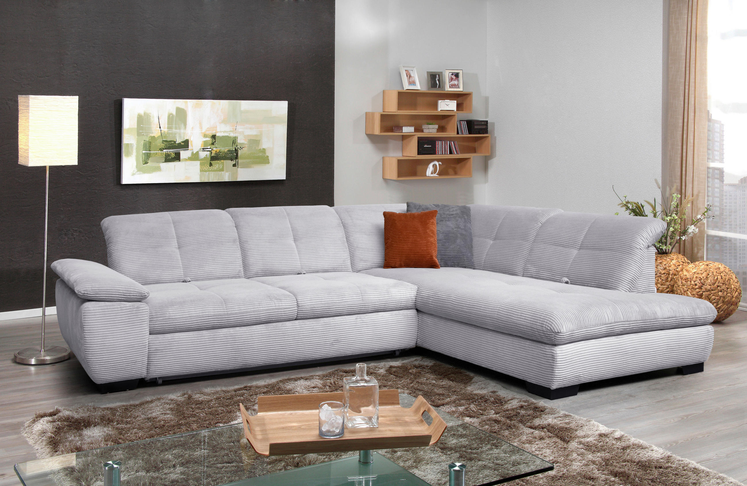 ECKSOFA Hellgrau Cord  - Hellgrau/Schwarz, Design, Textil/Metall (313/242cm) - Xora