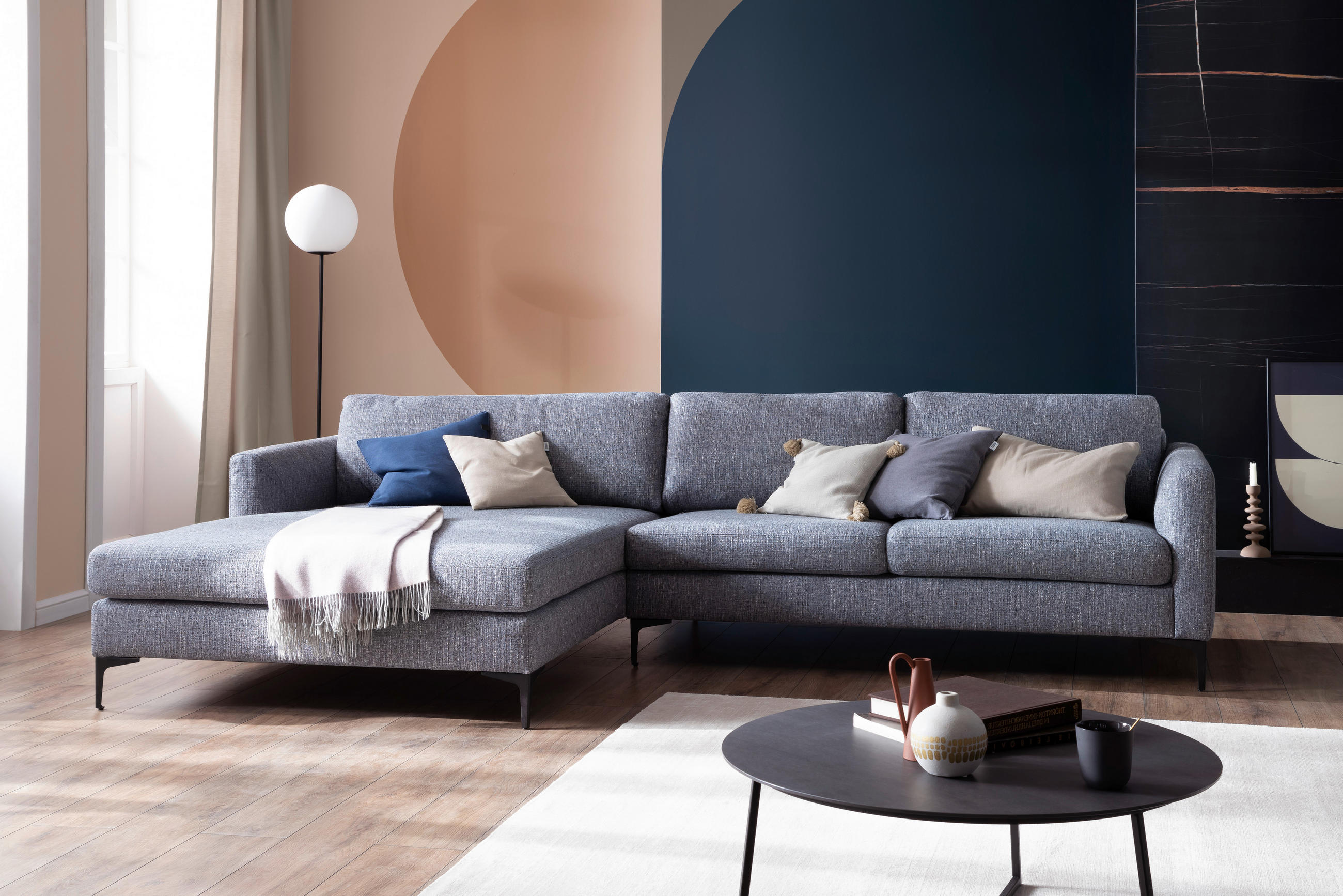ECKSOFA Blaugrau Flachgewebe  - Blaugrau/Schwarz, Design, Textil/Metall (195/310cm) - Schöner Wohnen