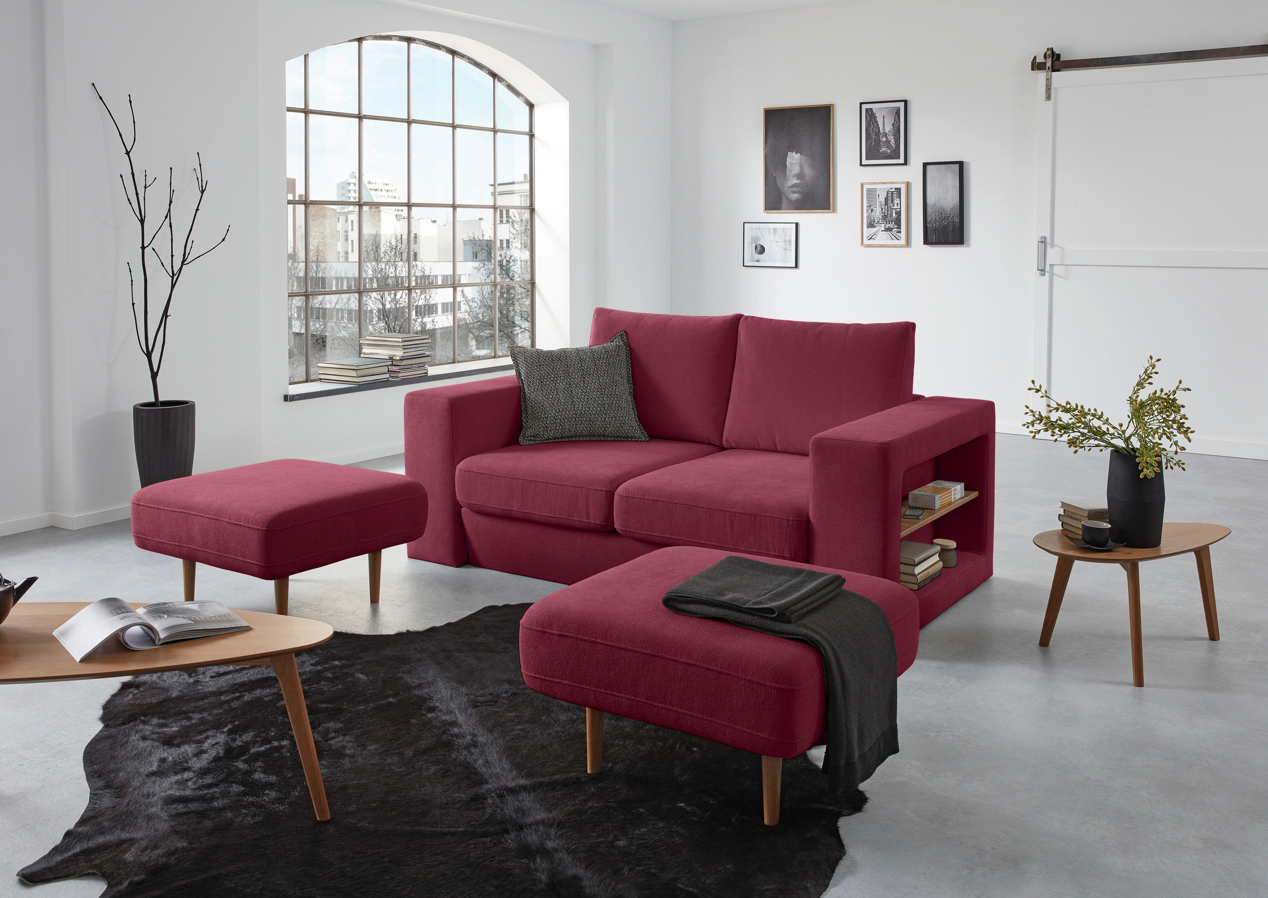 VIERSITZER-SOFA inkl. Hocker LOOKS V-2 Webstoff Rot, Beere  - Eichefarben/Beere, Design, Holz/Textil (252/96/107cm) - LOOKS by W.Joop